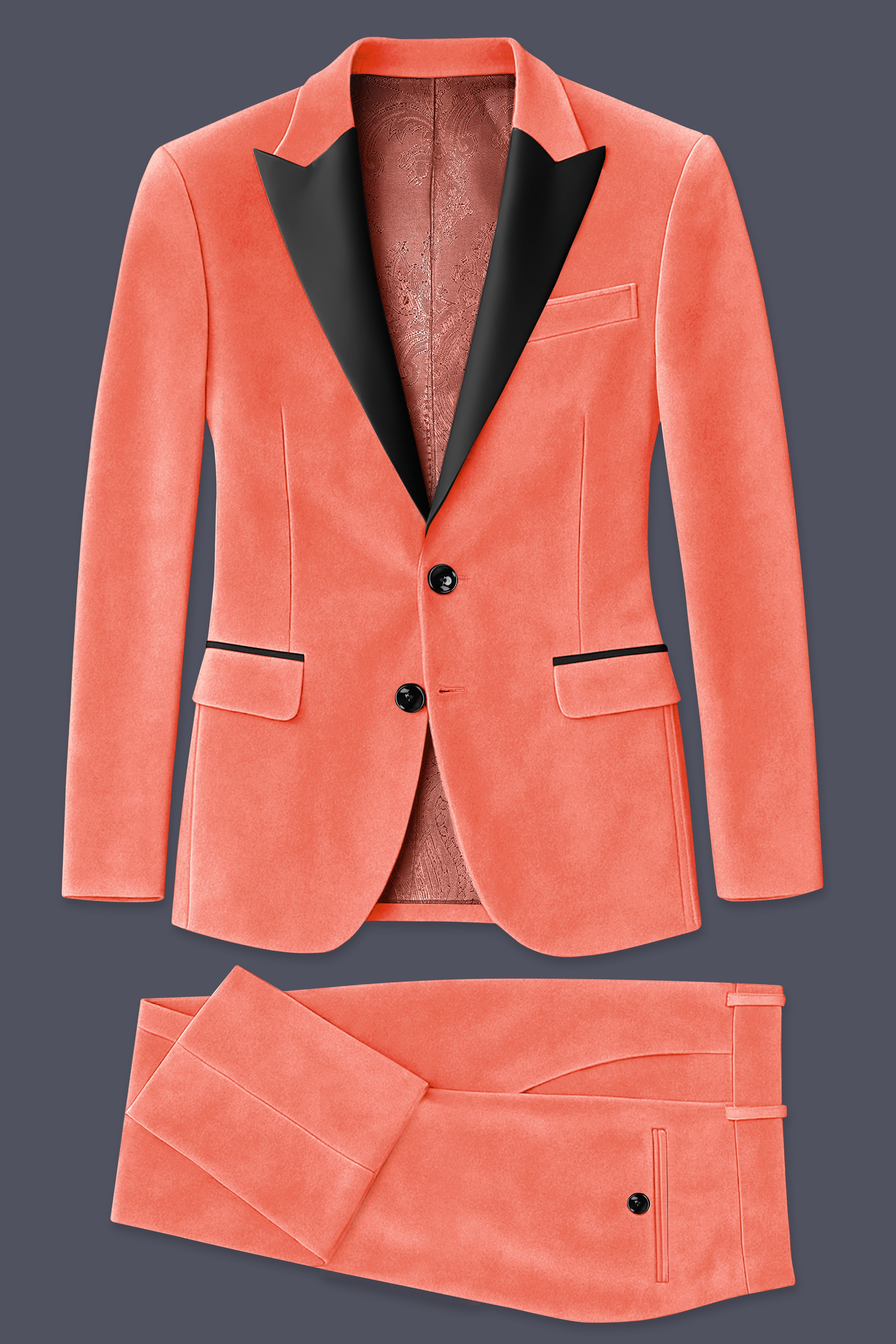 Saffron-Bittersweet Orange Velvet Peak Lapel Tuxedo Suit