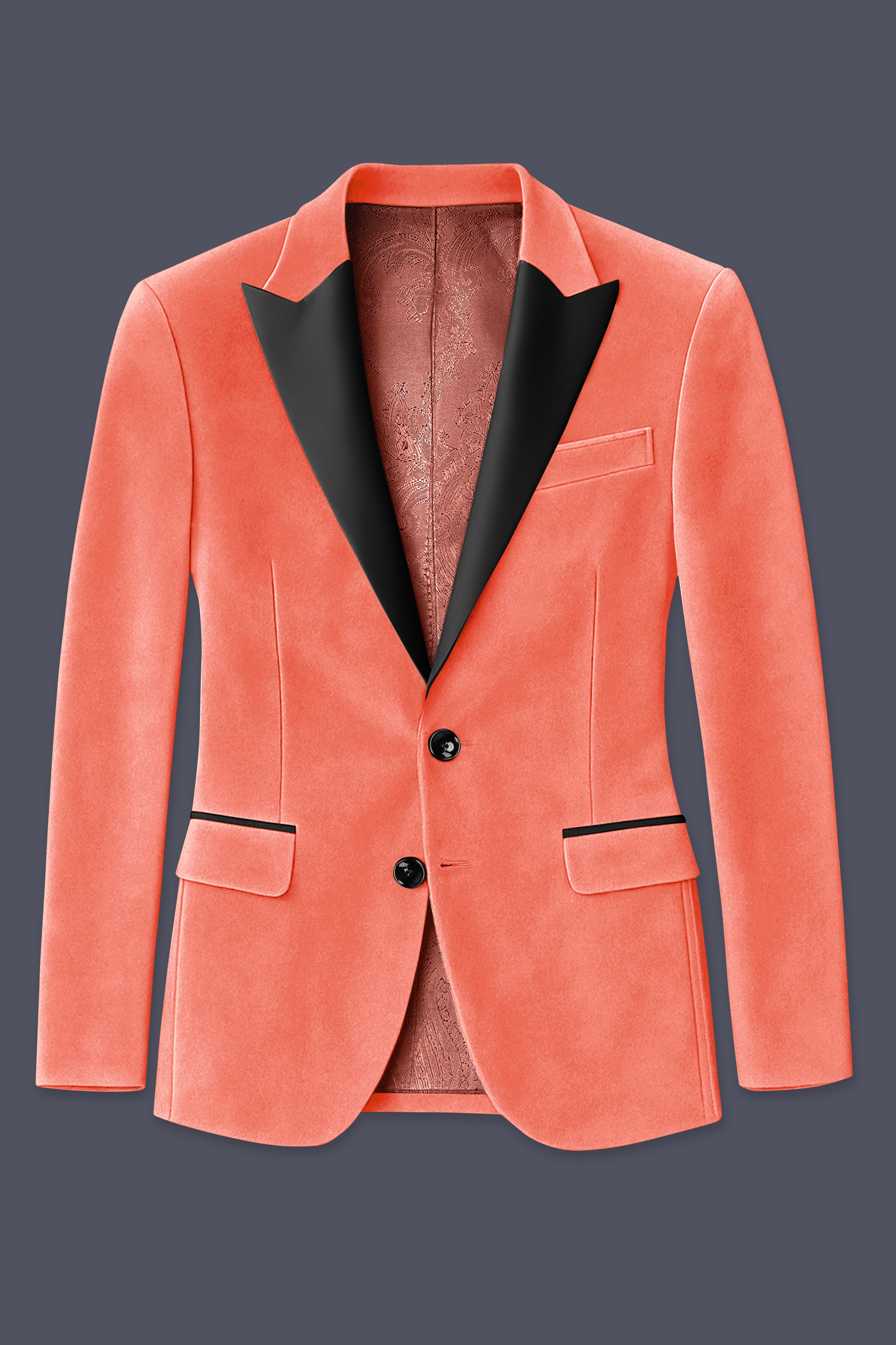 Saffron-Bittersweet Orange Velvet Peak Lapel Tuxedo Suit