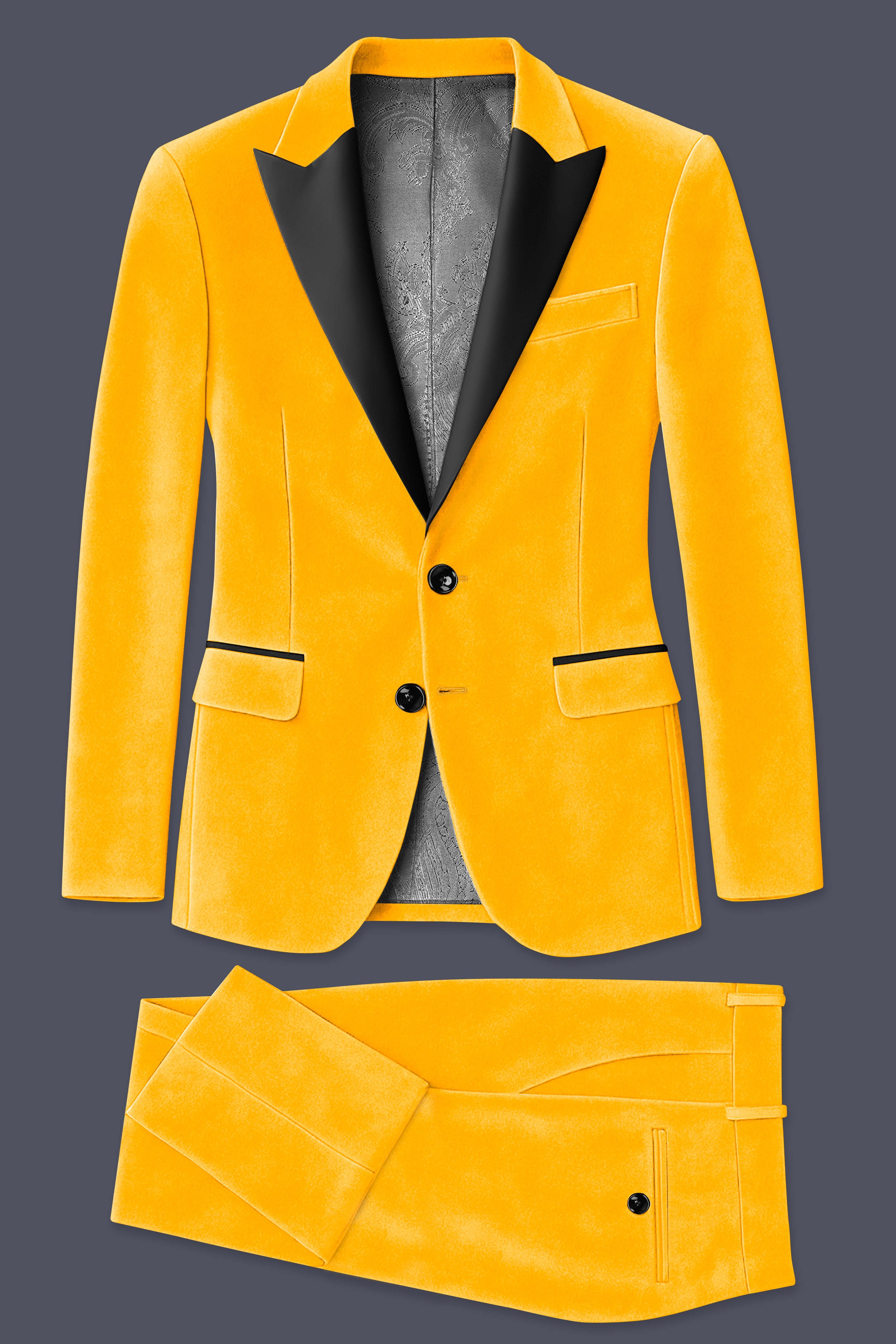 Marquis-Selective Yellow Velvet Peak Lapel Tuxedo Suit
