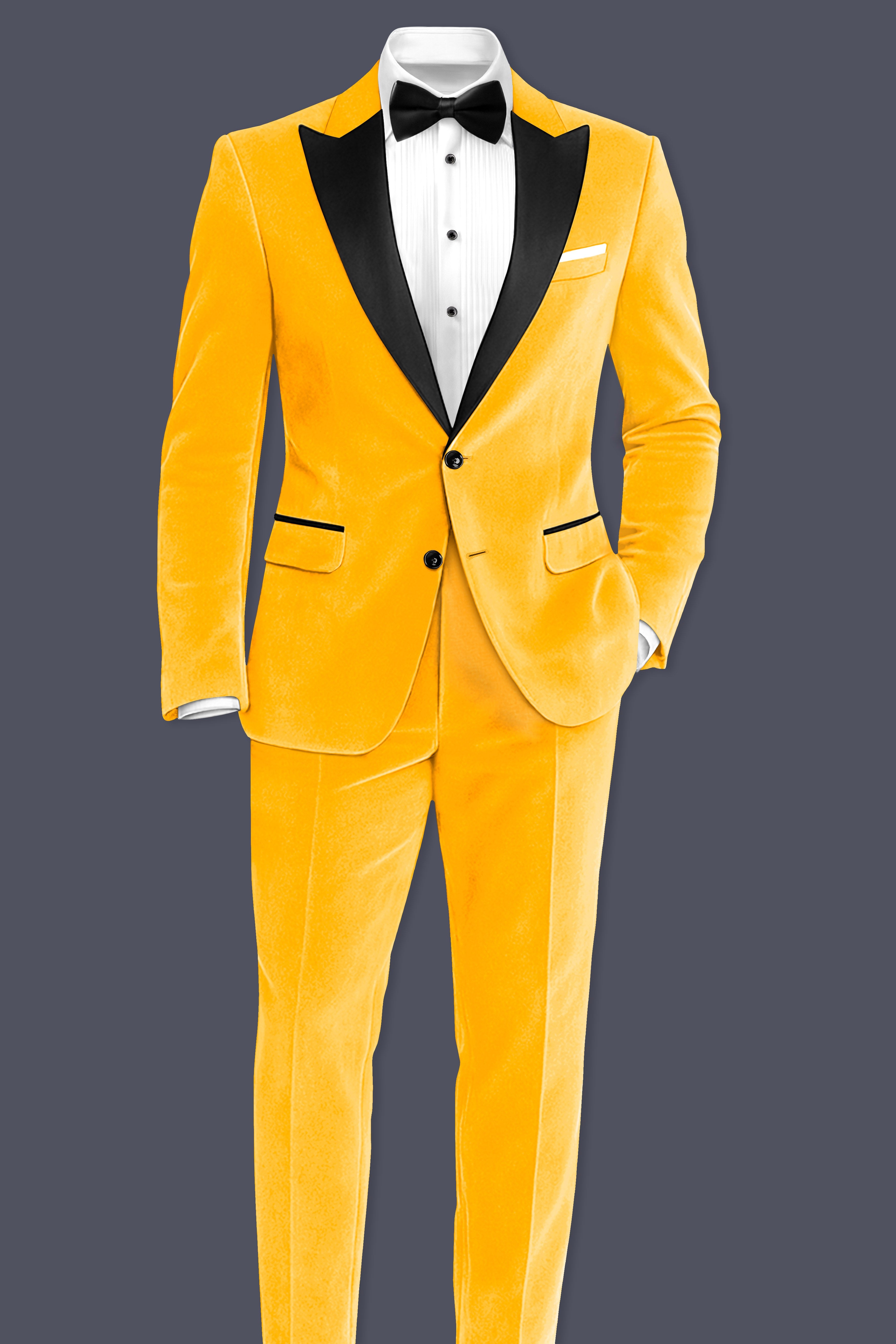 Marquis-Selective Yellow Velvet Peak Lapel Tuxedo Suit