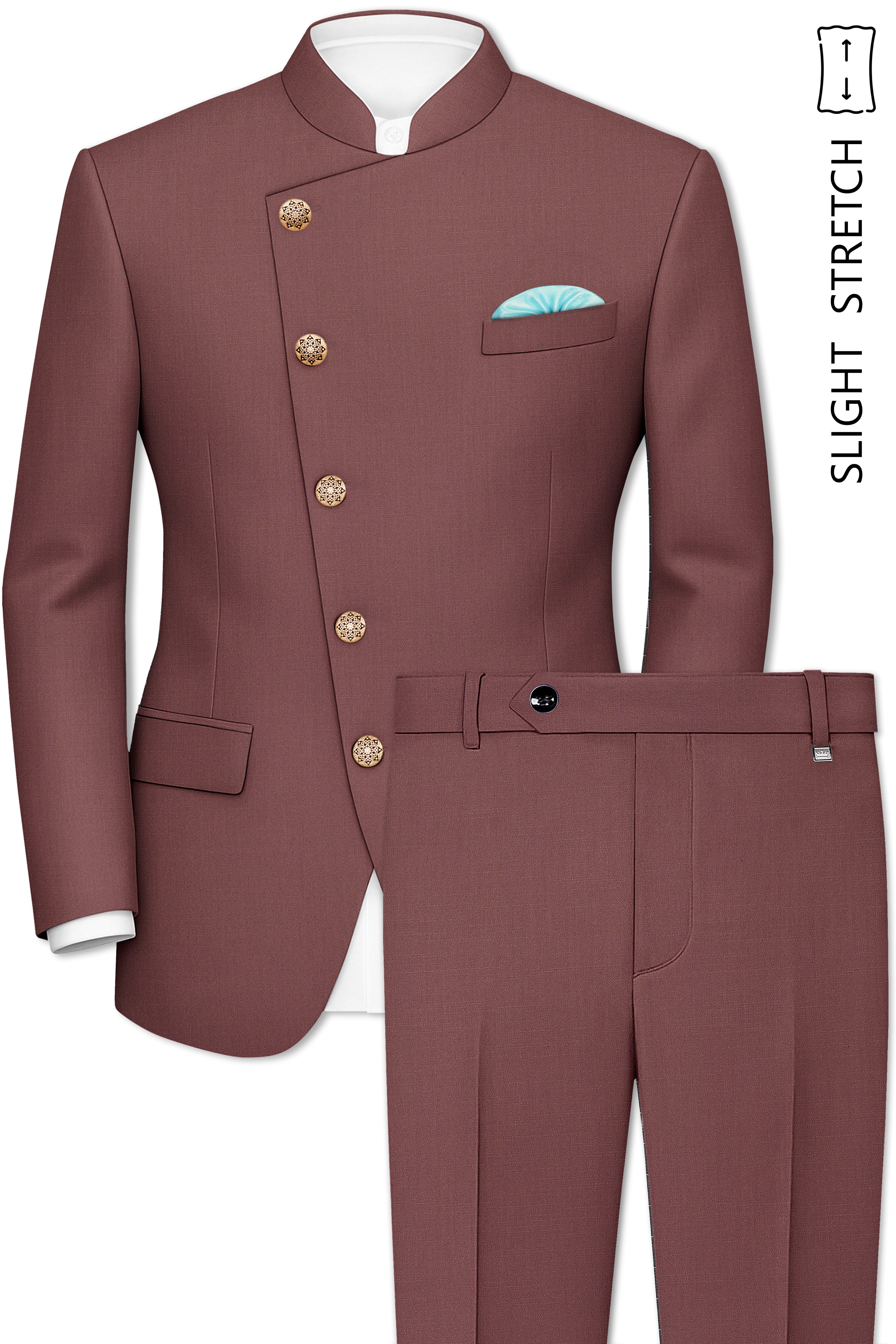 Heritage-Finch Maroon Wool Rich Cross Placket Bandhgala Slight Stretch Suit