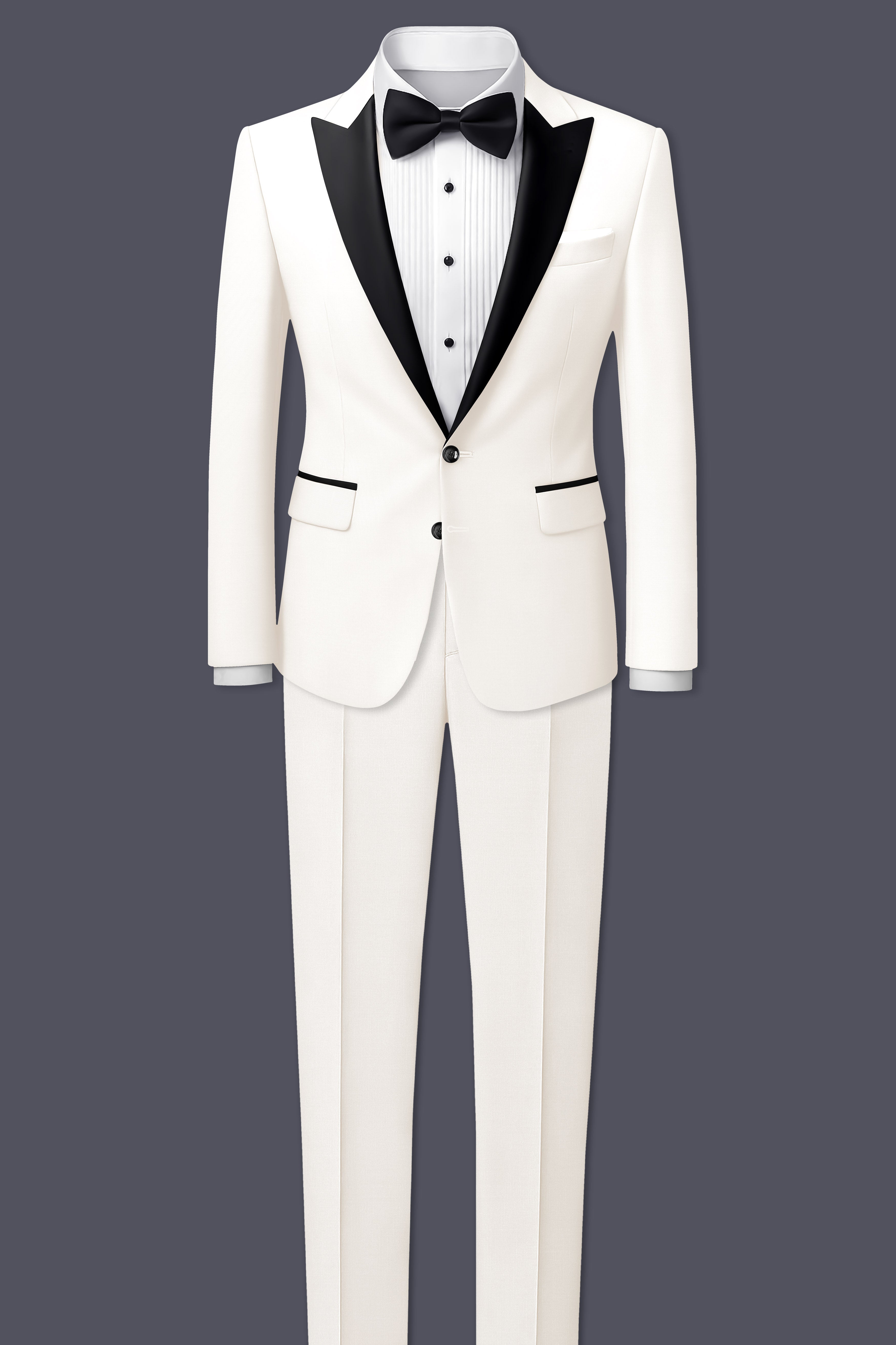Ivory-Cararra Cream Wool Rich Peak Lapel Tuxedo Slight Stretch Suit