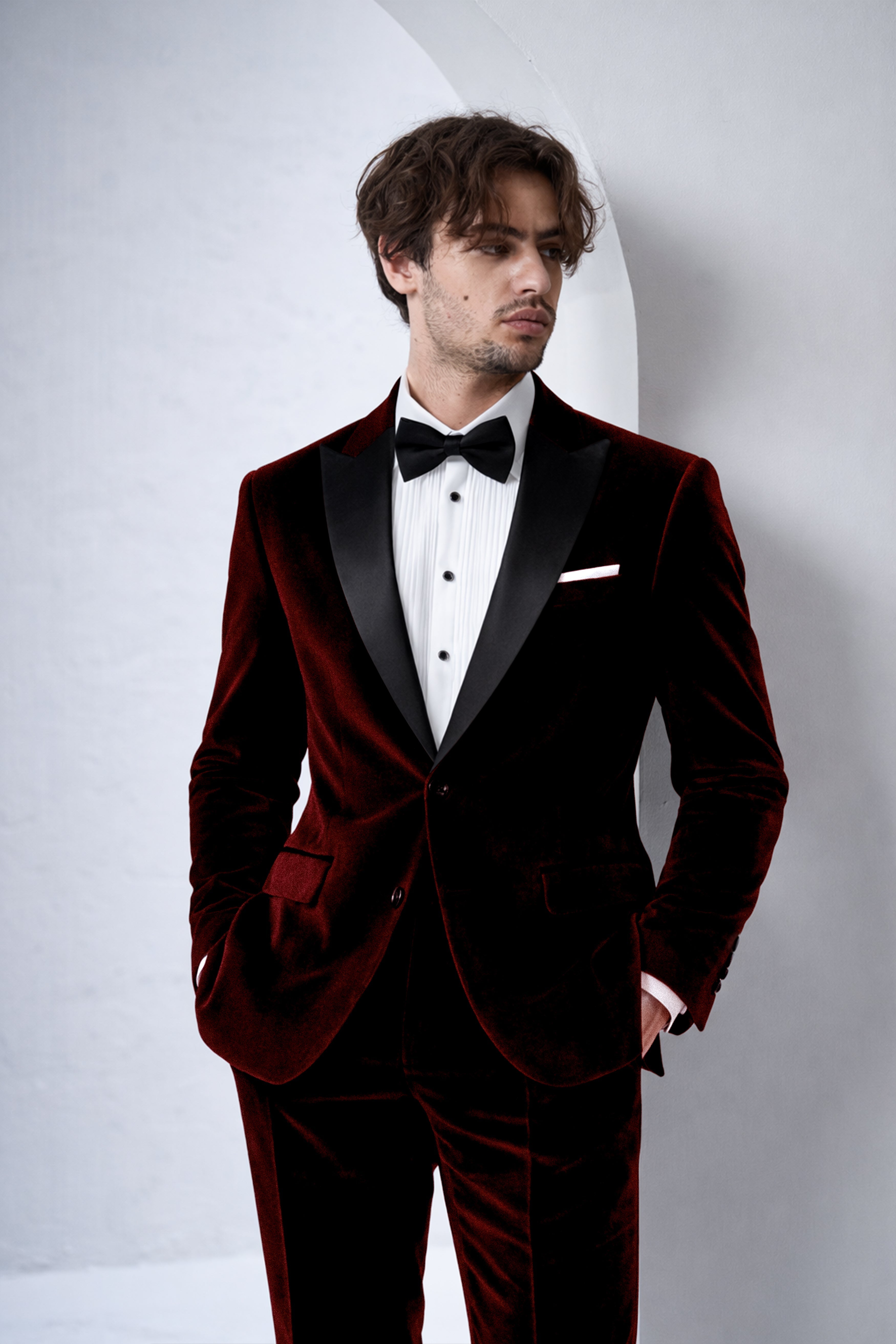 Crimson-Sepia Red Velvet Peak Lapel Tuxedo Suit
