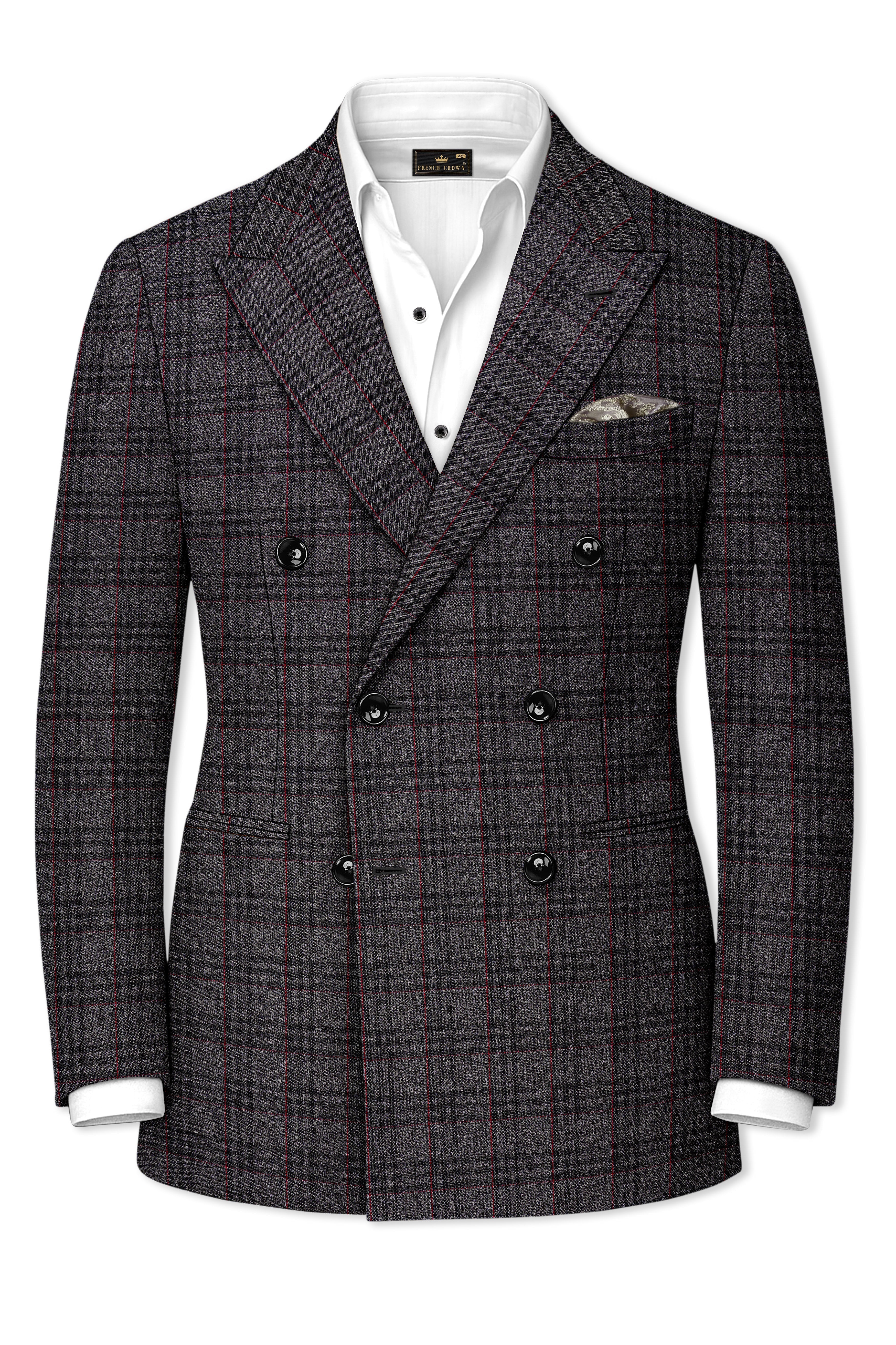 Velours-Ship Gray Plaid Tweed Double Breasted Suits