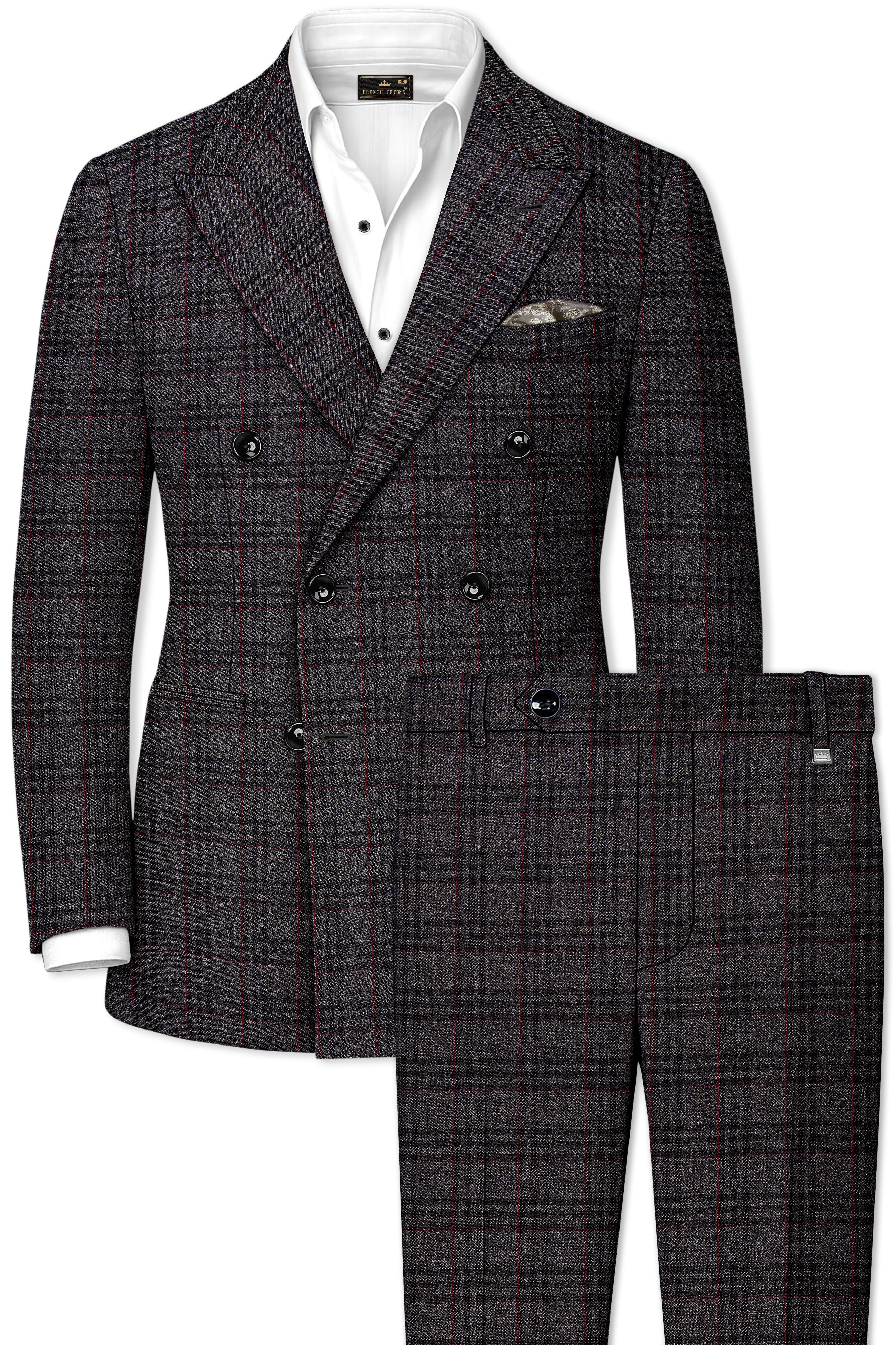 Velours-Ship Gray Plaid Tweed Double Breasted Suits