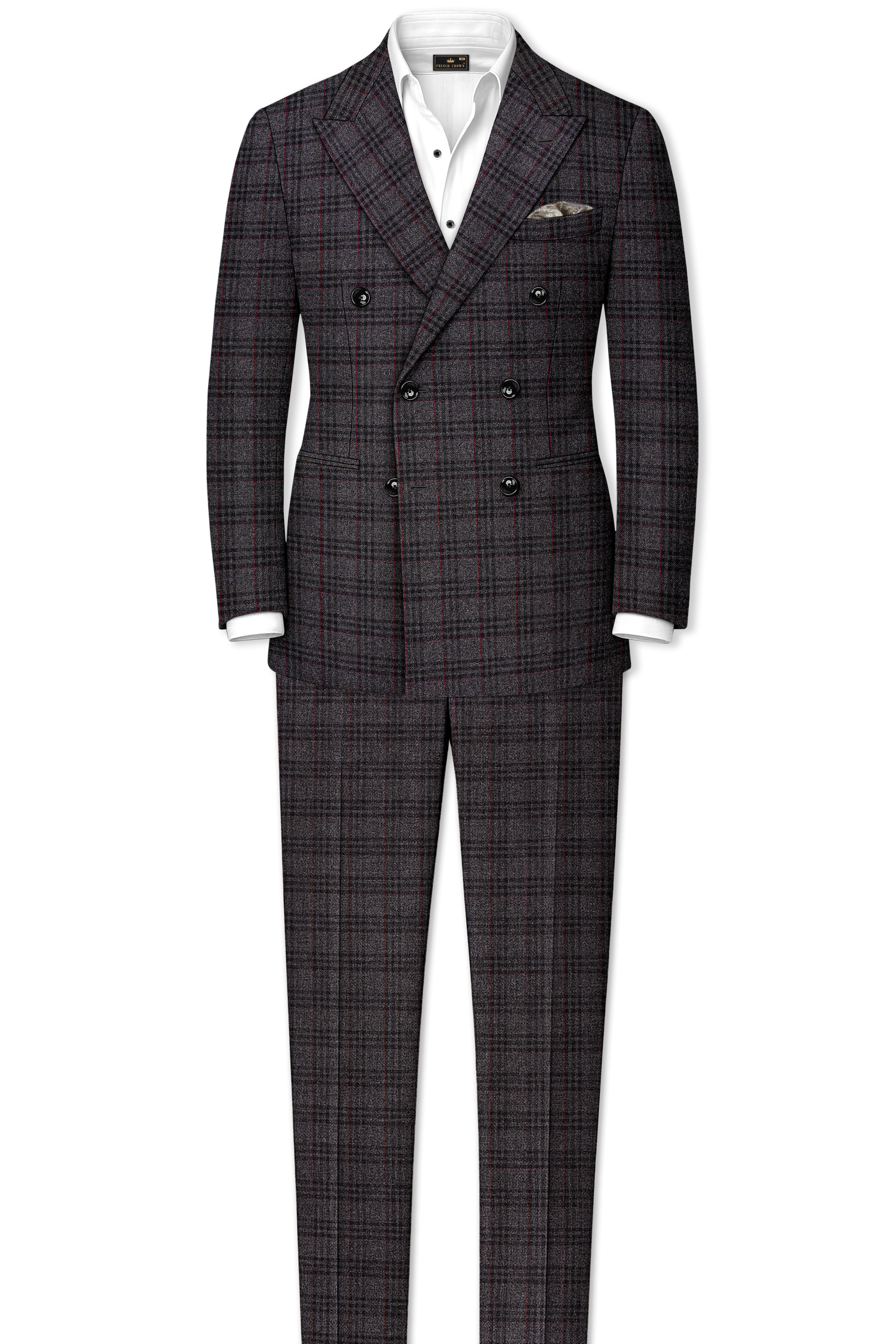 Velours-Ship Gray Plaid Tweed Double Breasted Suits