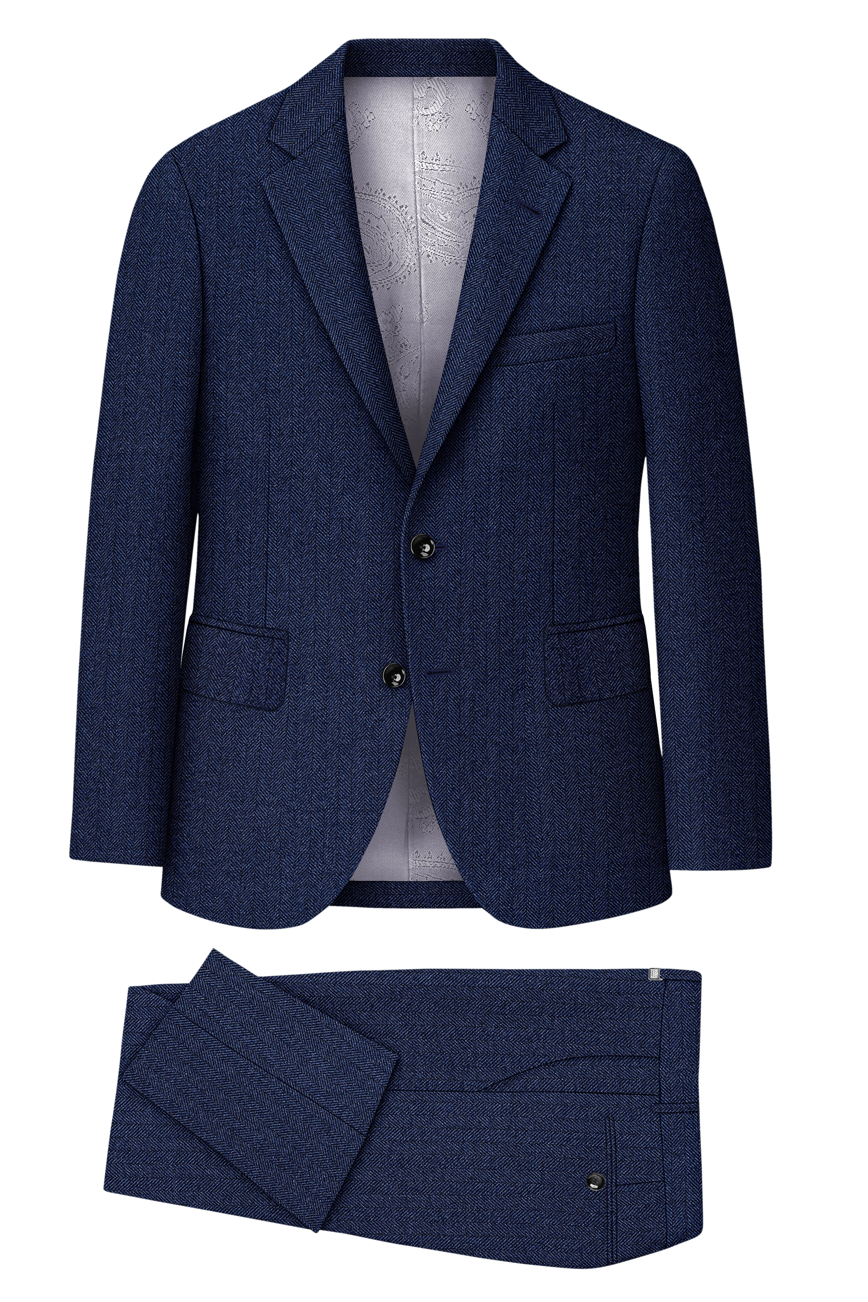 Aurevu-Vulcan Blue Herringbone Textured Tweed Single Breasted Suits