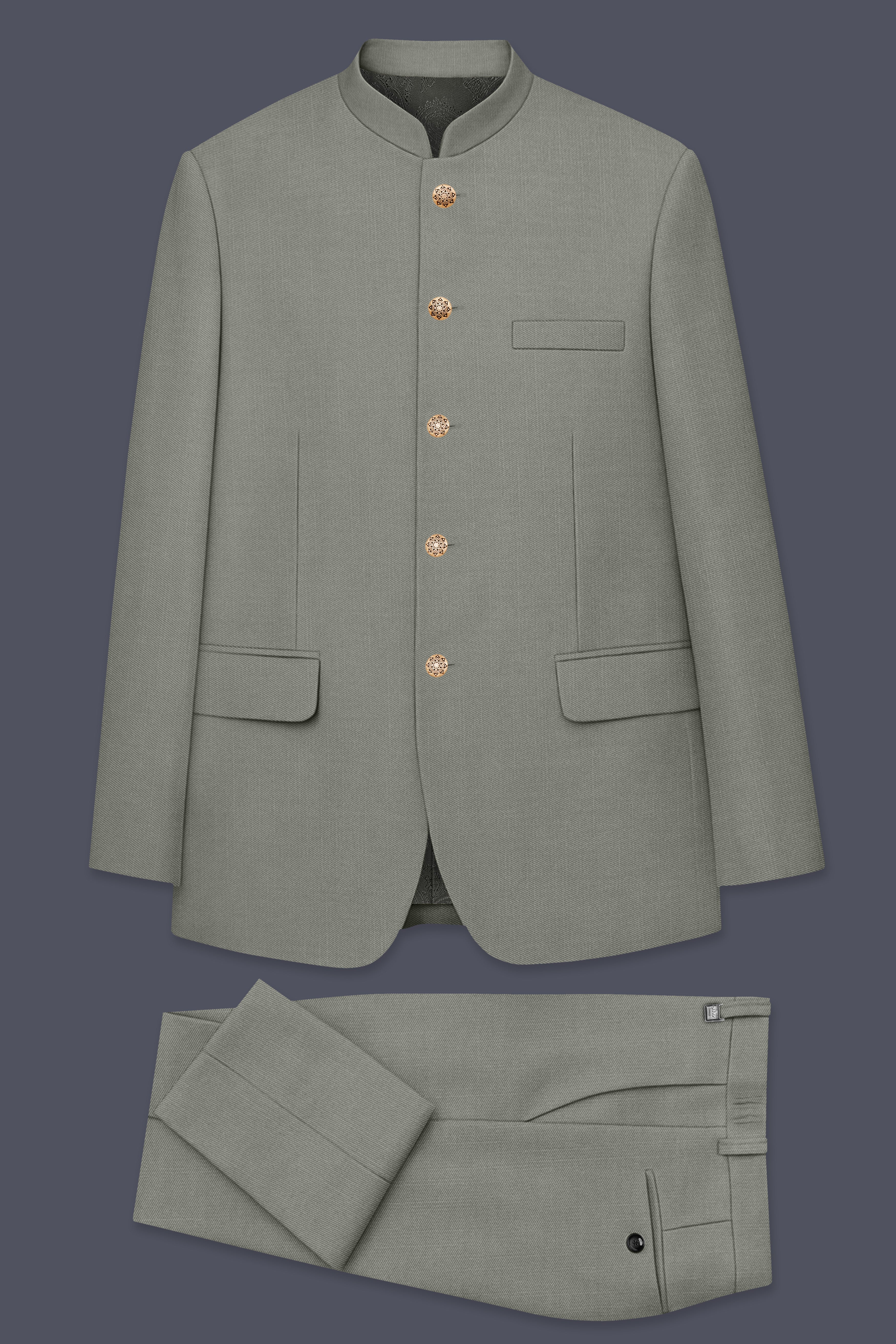 Verdure-Sage Green Wool Rich Bandhgala Slight Stretch Suits
