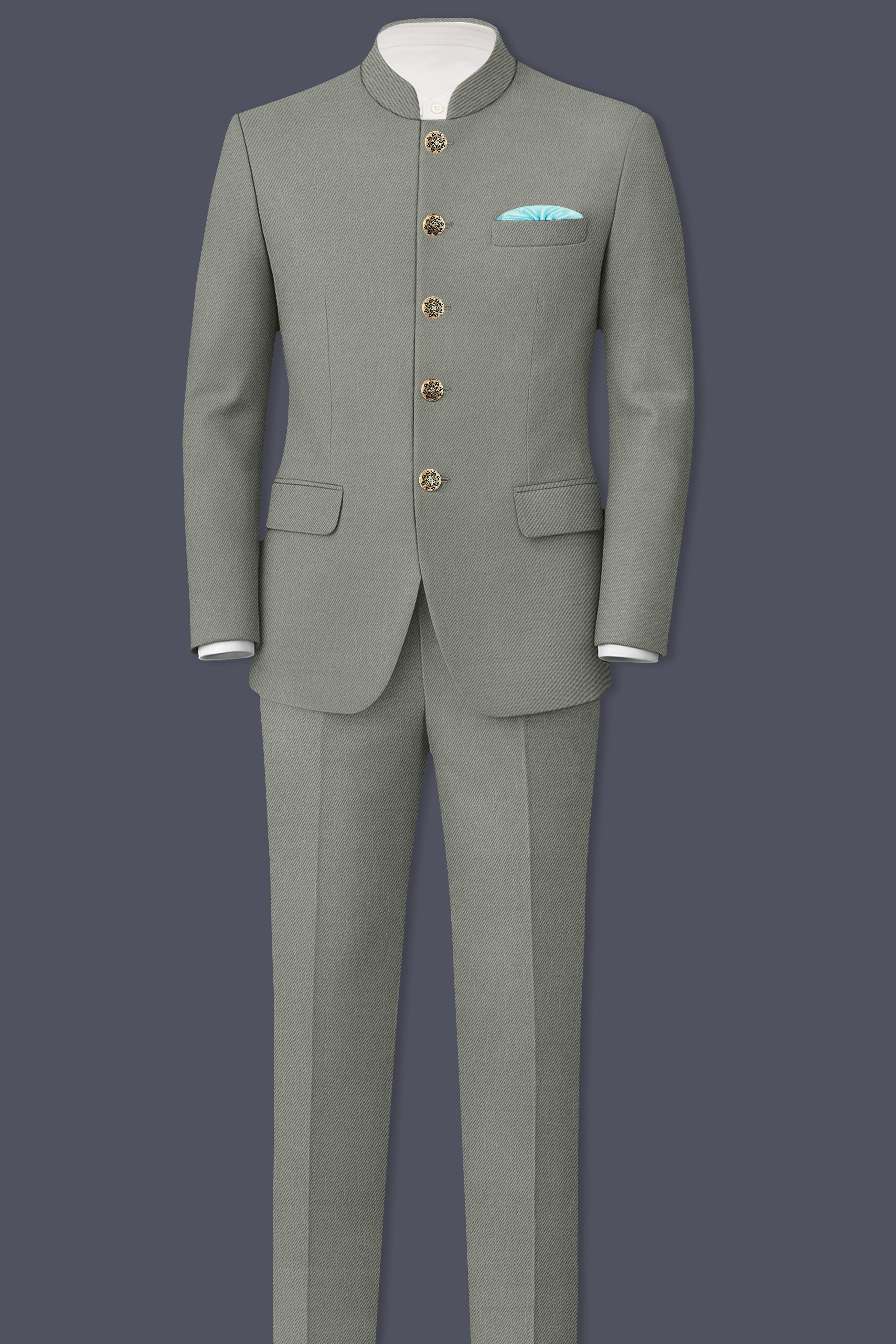 Verdure-Sage Green Wool Rich Bandhgala Slight Stretch Suits