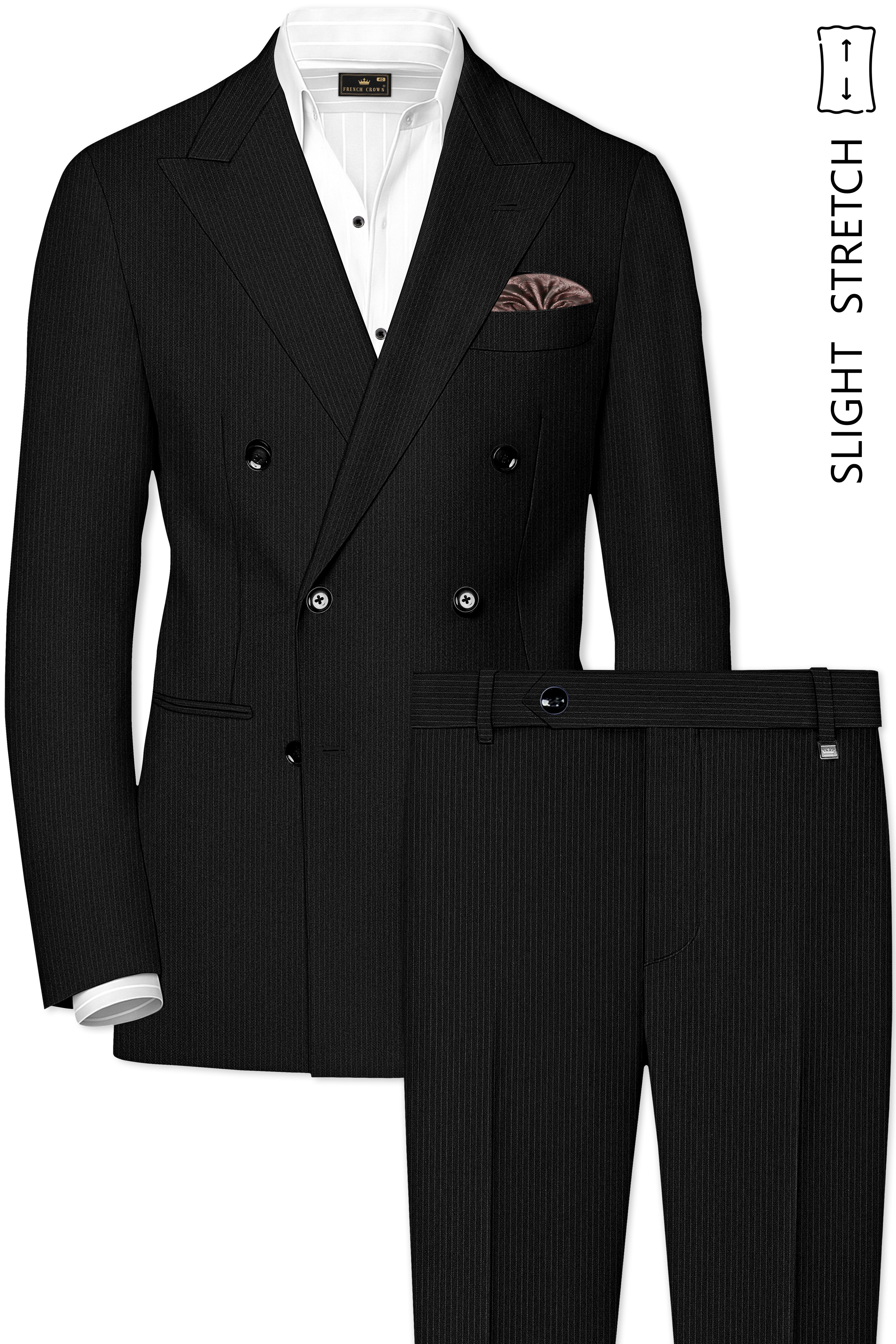 Aurejax-Jade Black Pencil Striped Wool Rich Slight Stretch Double Breasted Suit