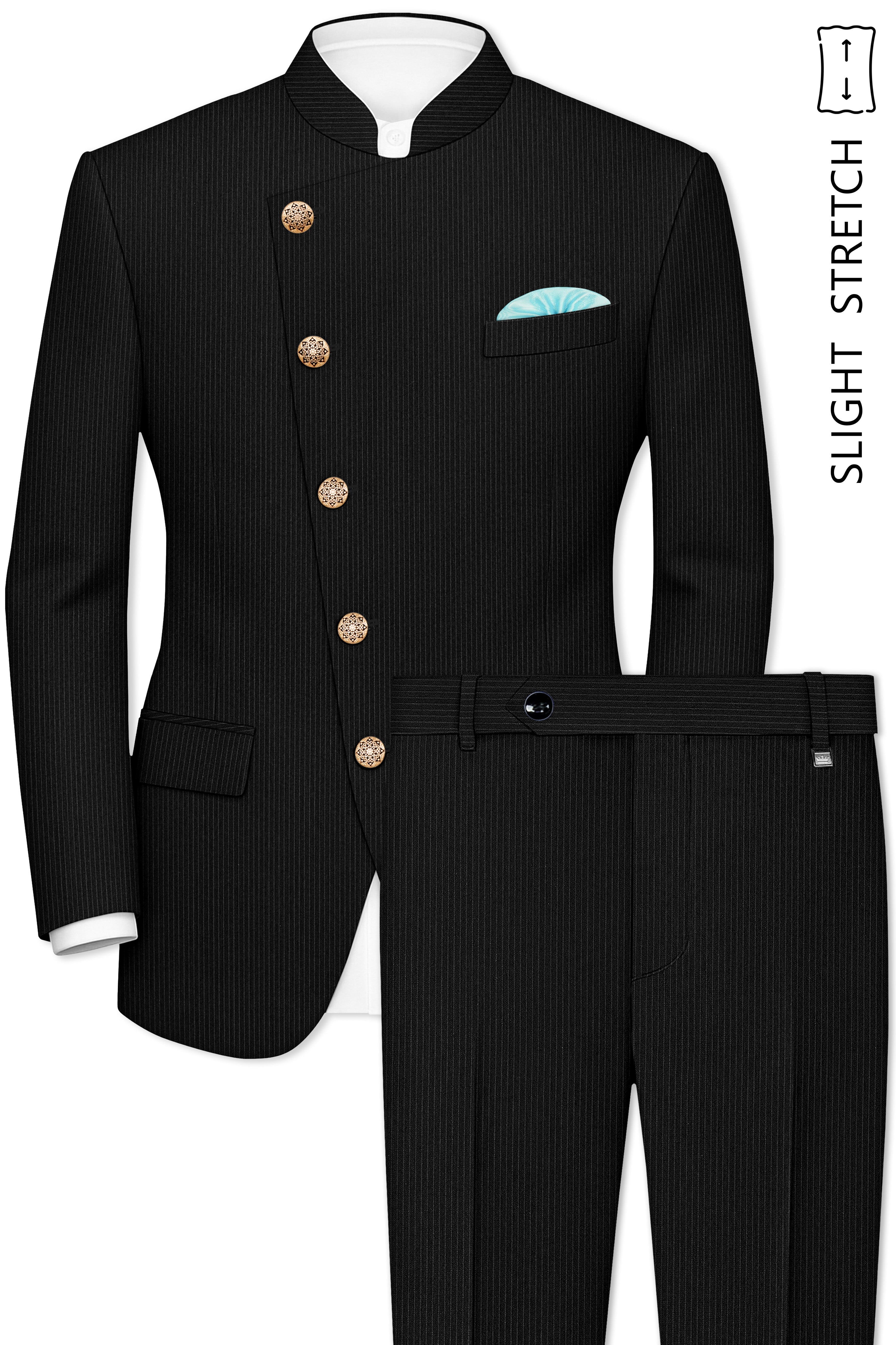 Aurejax-Jade Black Pencil Striped Wool Rich Slight Stretch Cross Placket Bandhgala Suit