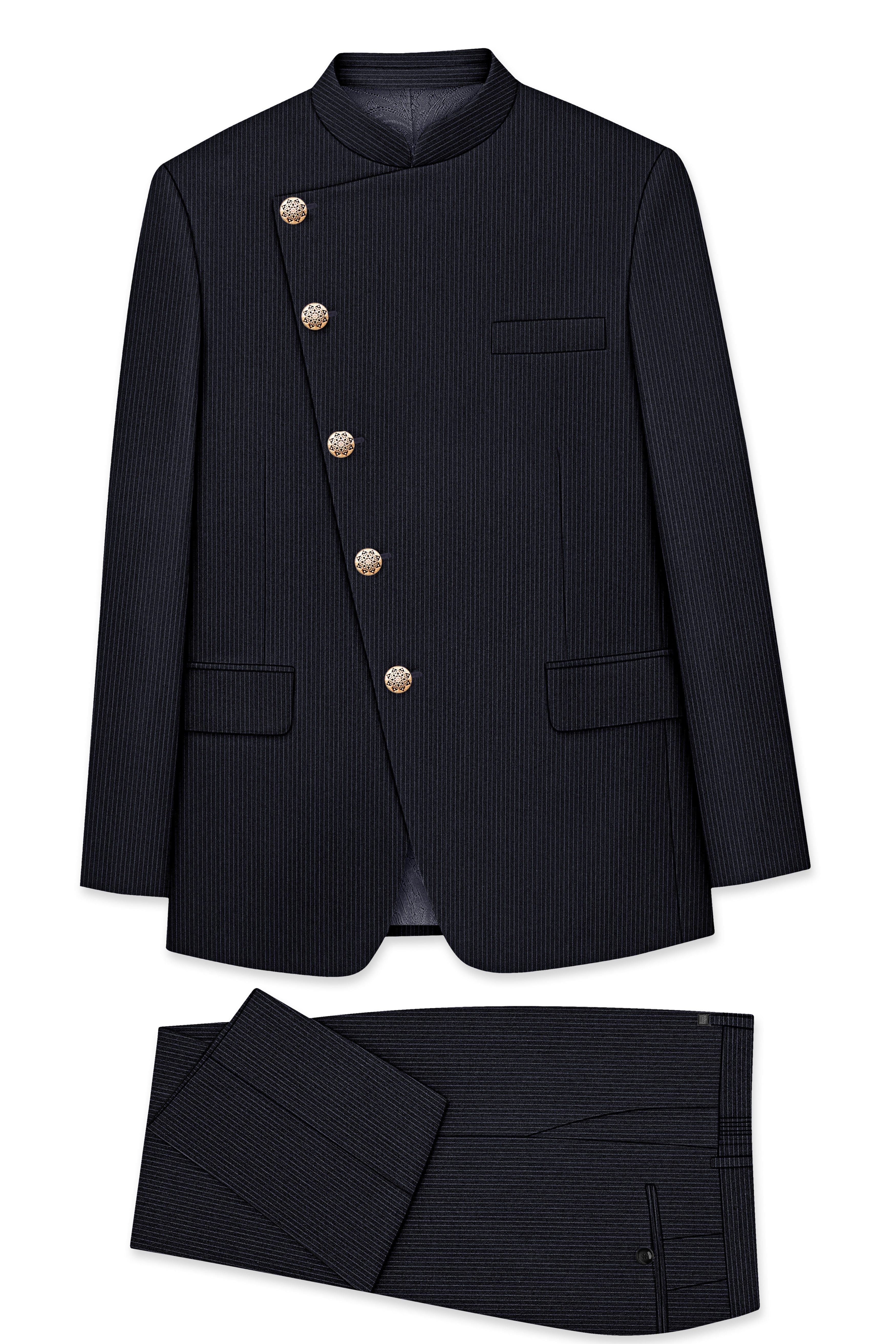 Cosmire-Space Blue Pencil Striped Wool Rich Slight Stretch Cross Placket Bandhgala Suit