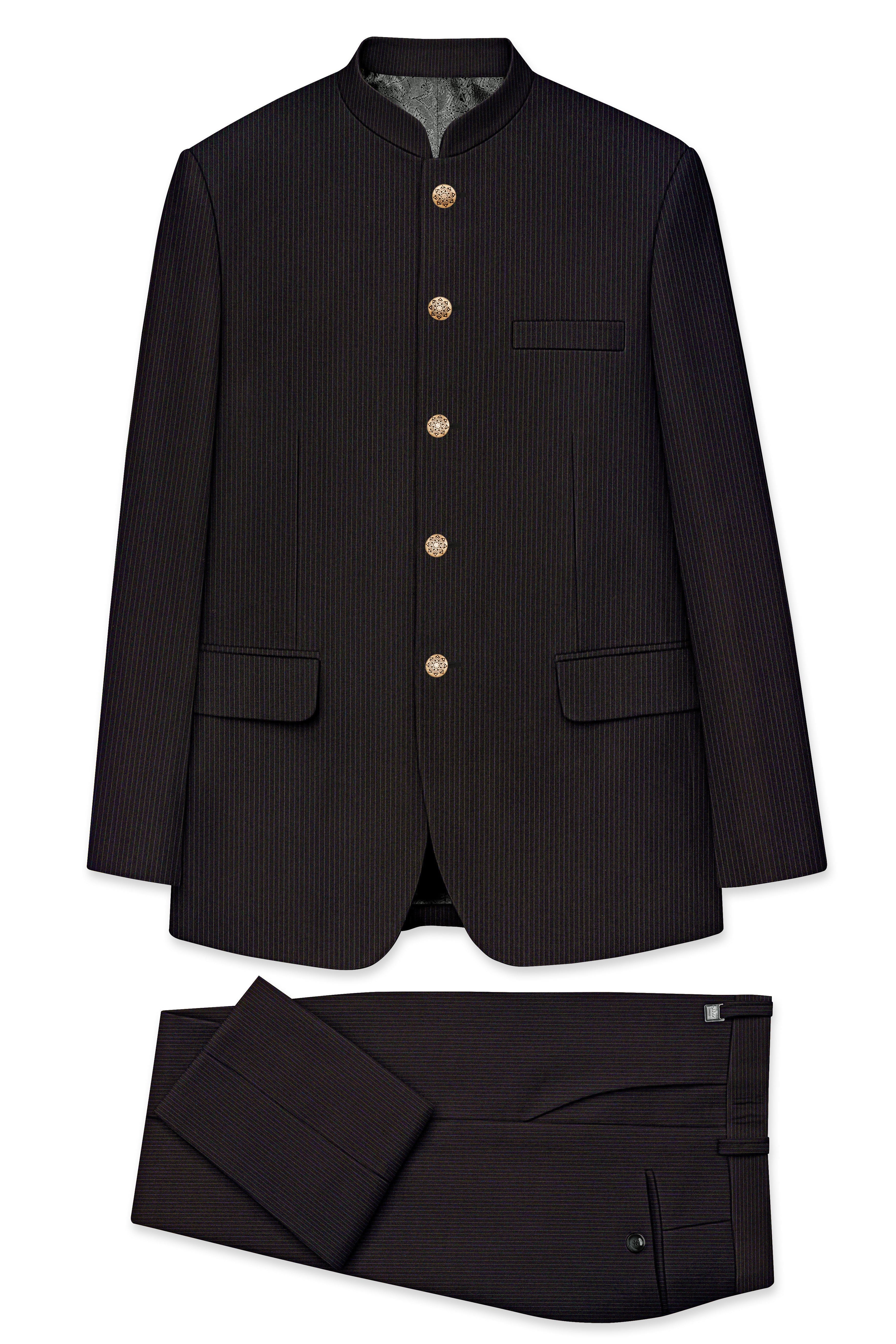 Imperio-Umber Brown Pencil Striped Wool Rich Bandhgala Slight Stretch Suit