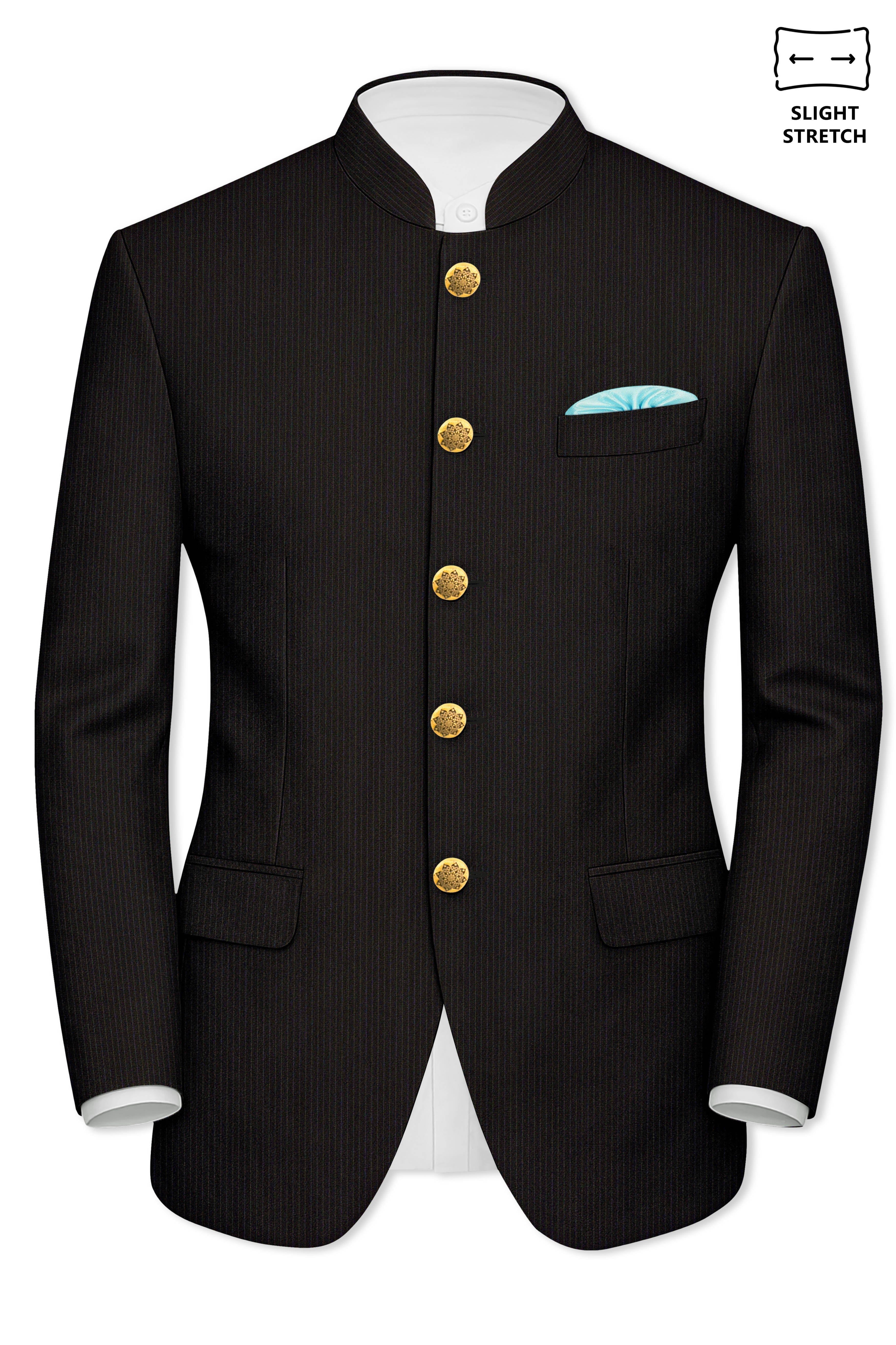 Imperio-Umber Brown Pencil Striped Wool Rich Bandhgala Slight Stretch Suit