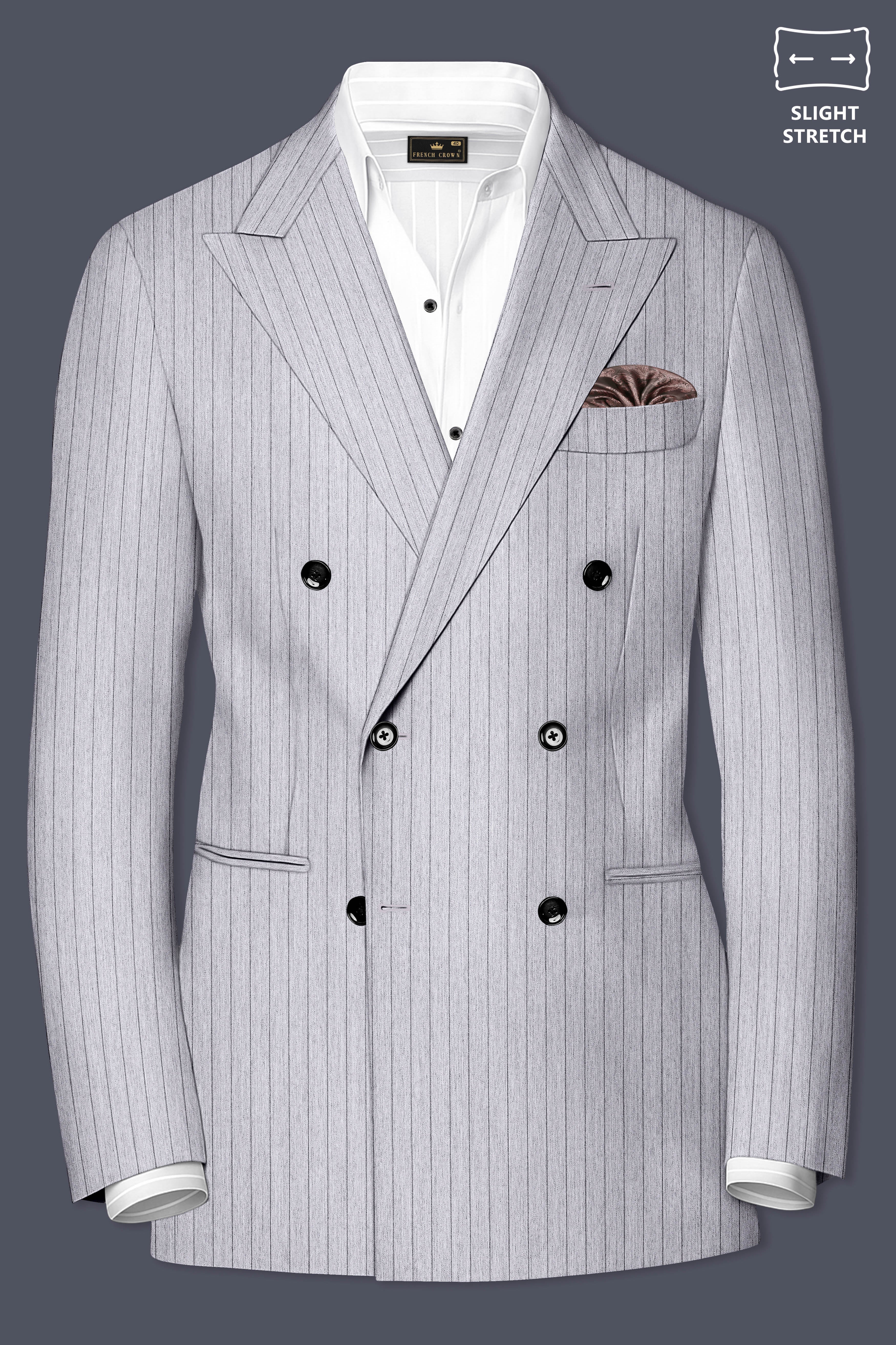 Grisvoro-Sterling Gray Pin Striped Wool Rich Slight Stretch Double Breasted Suit
