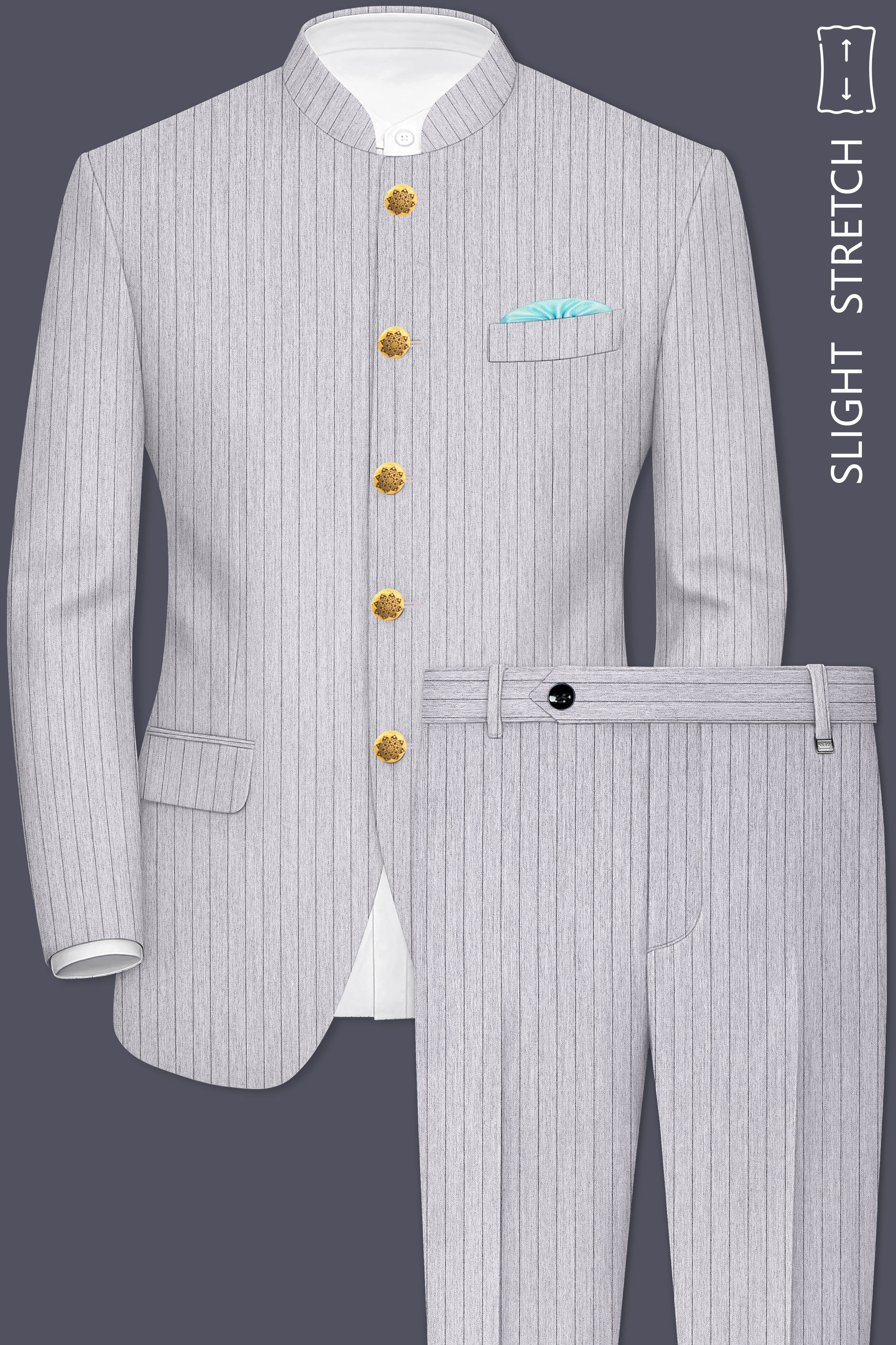 Grisvoro-Sterling Gray Pin Striped Wool Rich Bandhgala Slight Stretch Suit