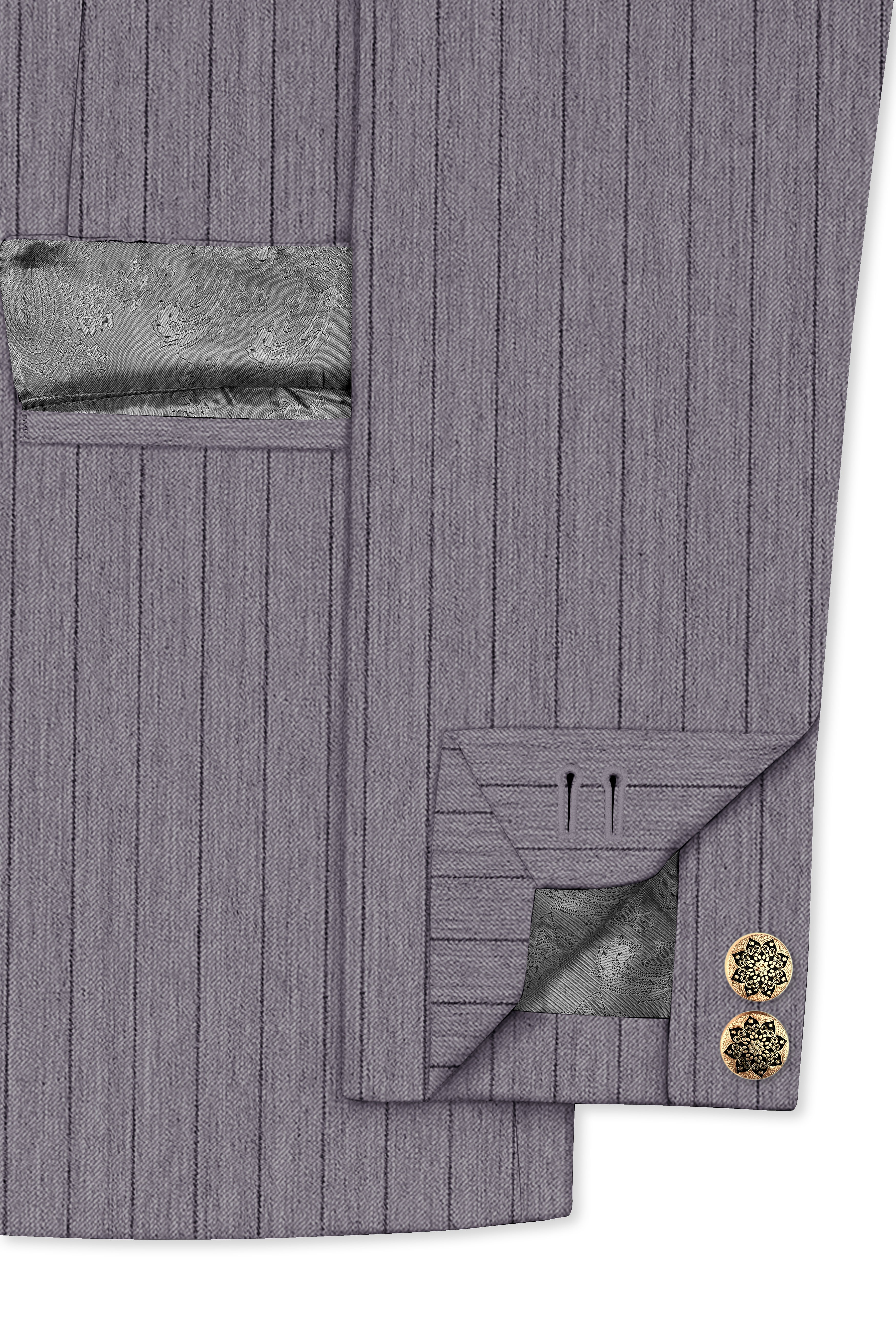 Velmoro-Mauve Gray Pin Striped Wool Rich Slight Stretch Bandhgala Suit