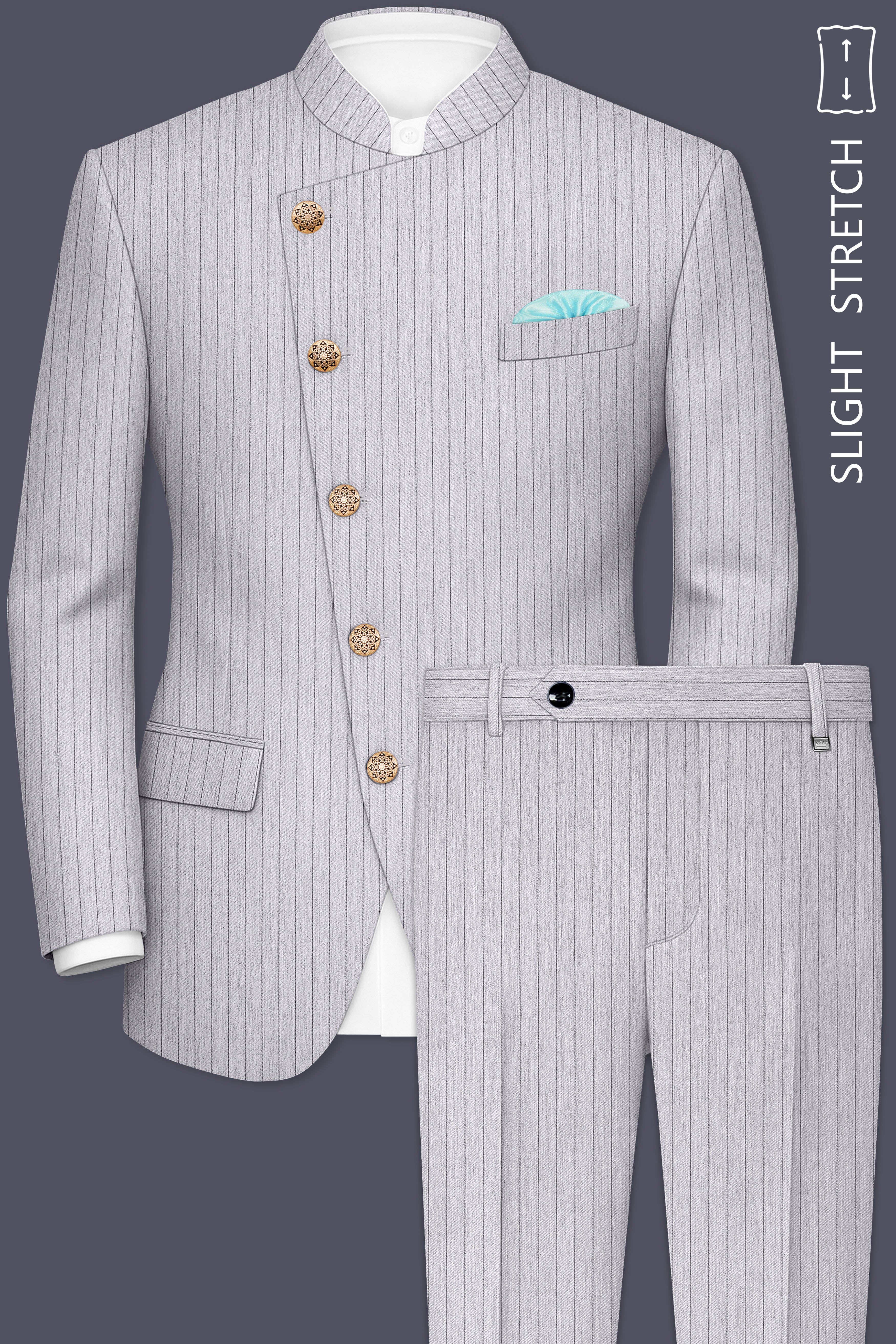 Grisvoro-Sterling Gray Pin Striped Wool Rich Slight Stretch Cross Placket Bandhgala Suit