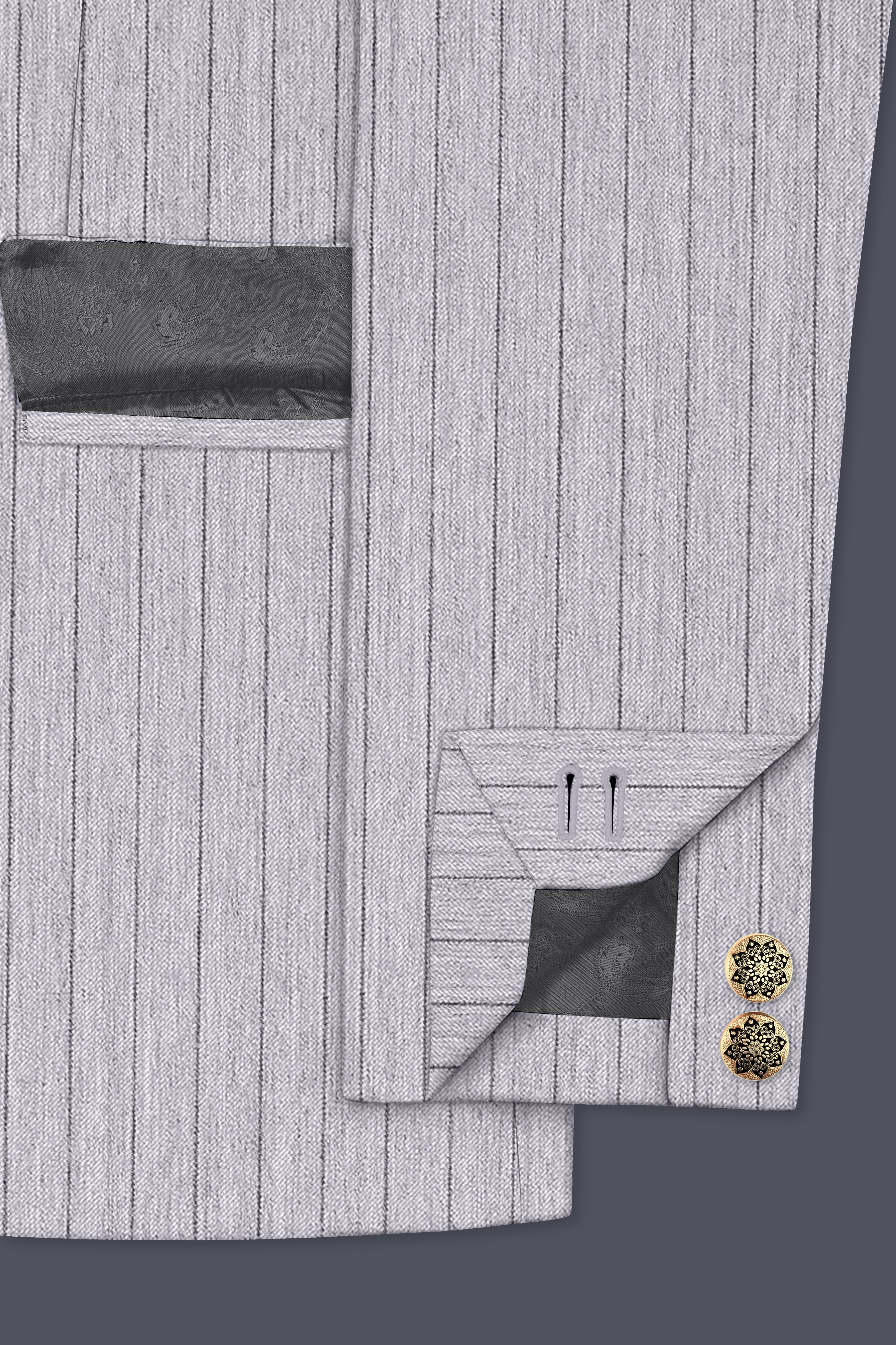 Grisvoro-Sterling Gray Pin Striped Wool Rich Slight Stretch Cross Placket Bandhgala Suit