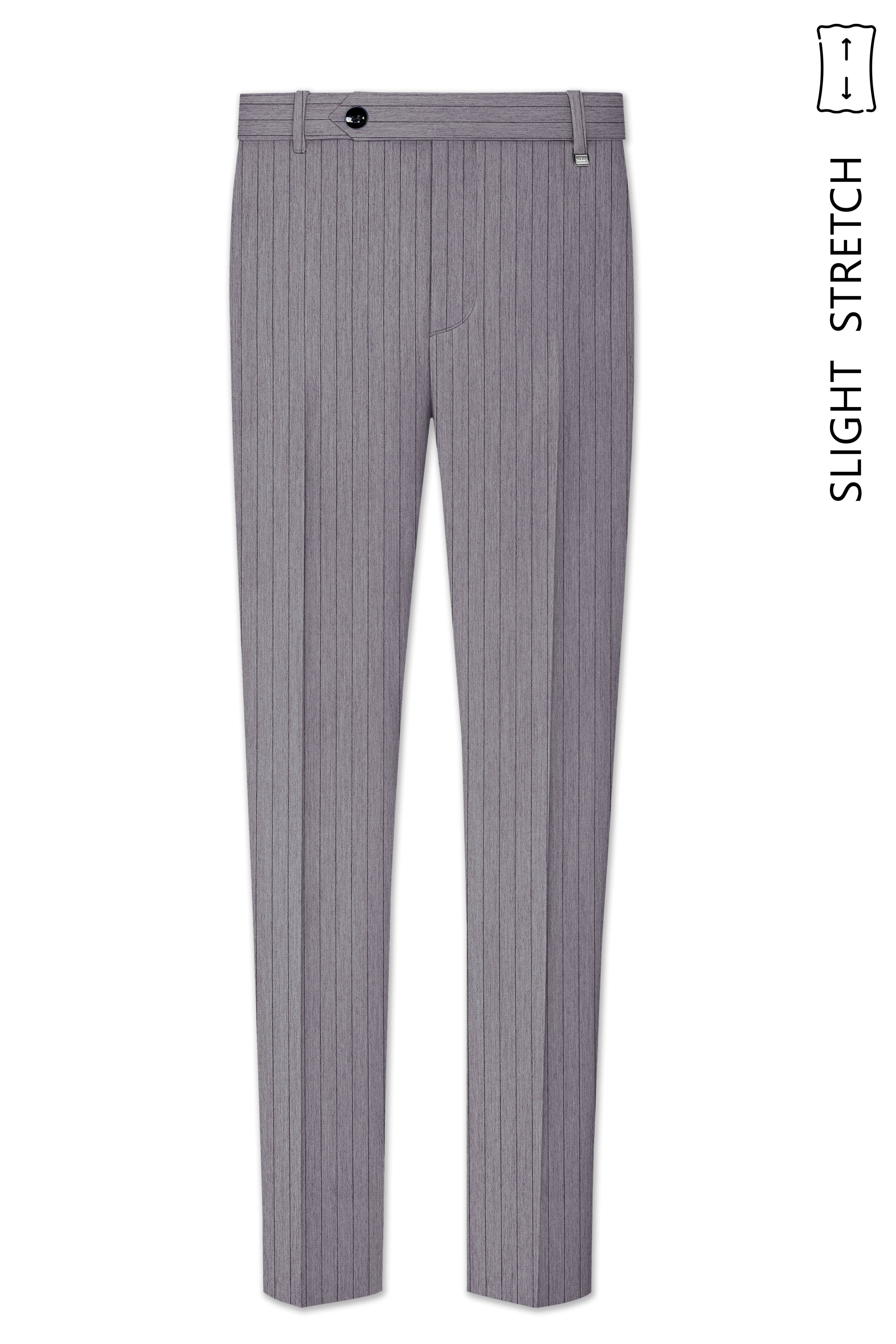 Velmoro-Mauve Gray Pin Striped Wool Rich Cross Placket Bandhgala Slight Stretch Suit