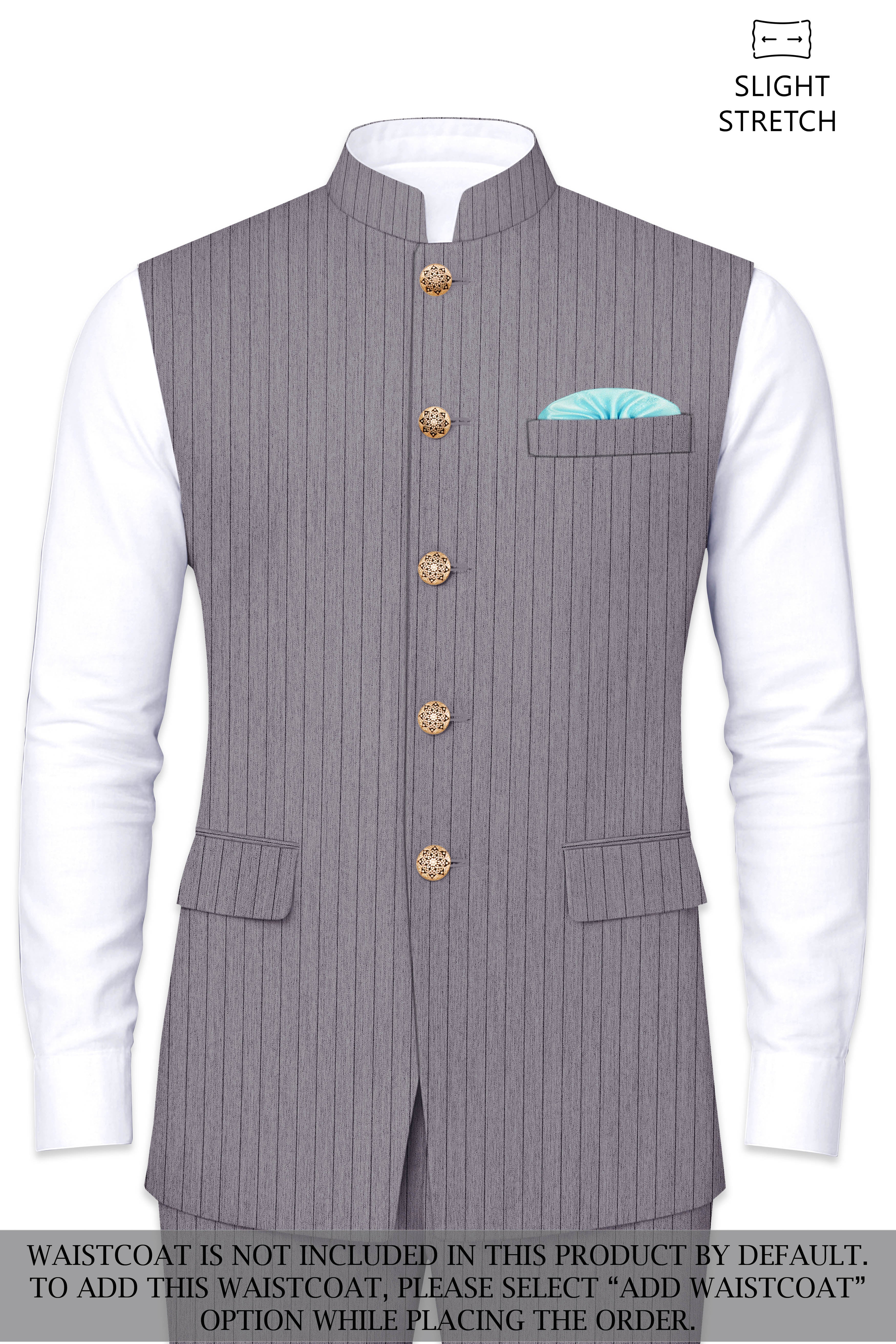 Velmoro-Mauve Gray Pin Striped Wool Rich Cross Placket Bandhgala Slight Stretch Suit