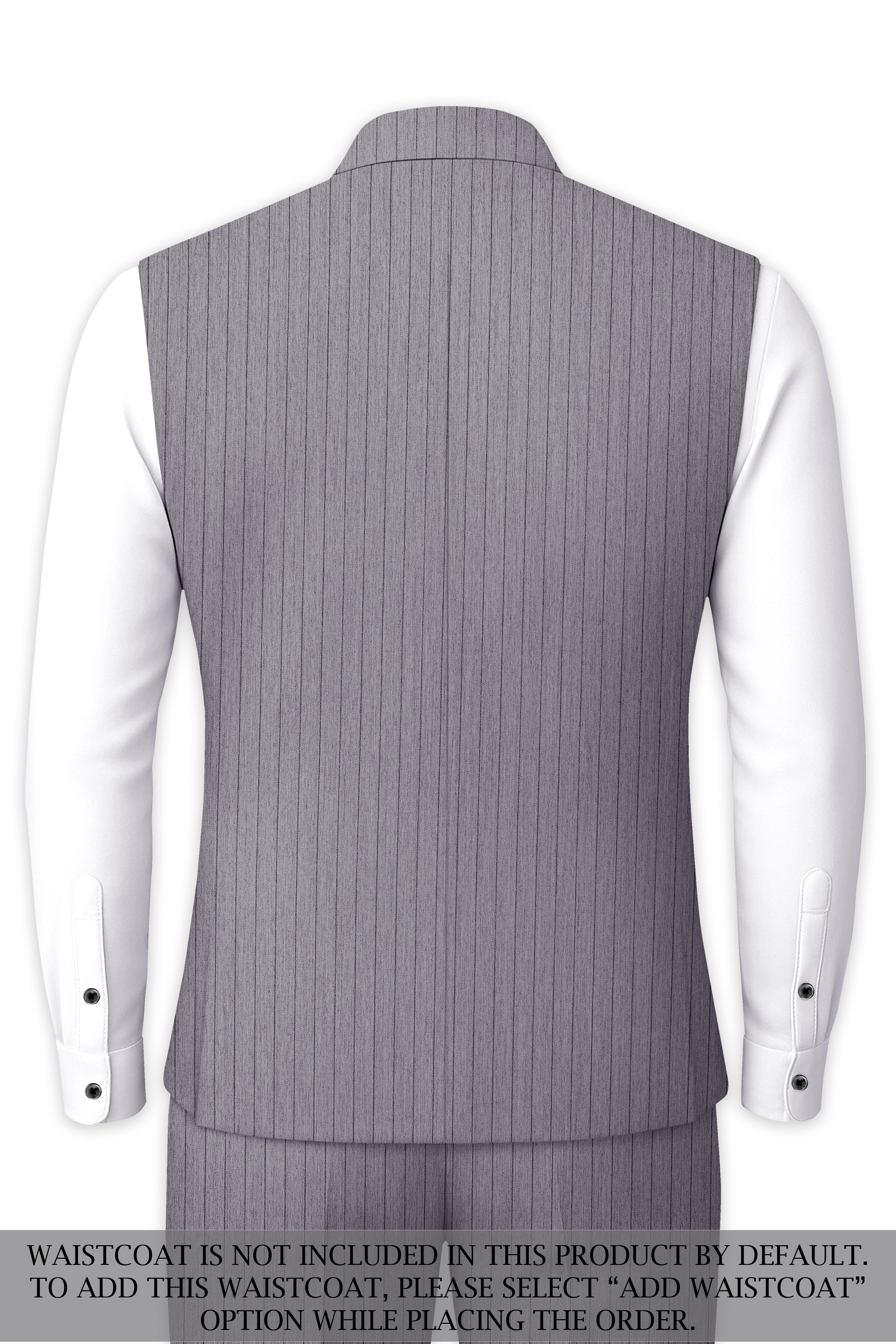 Velmoro-Mauve Gray Pin Striped Wool Rich Cross Placket Bandhgala Slight Stretch Suit