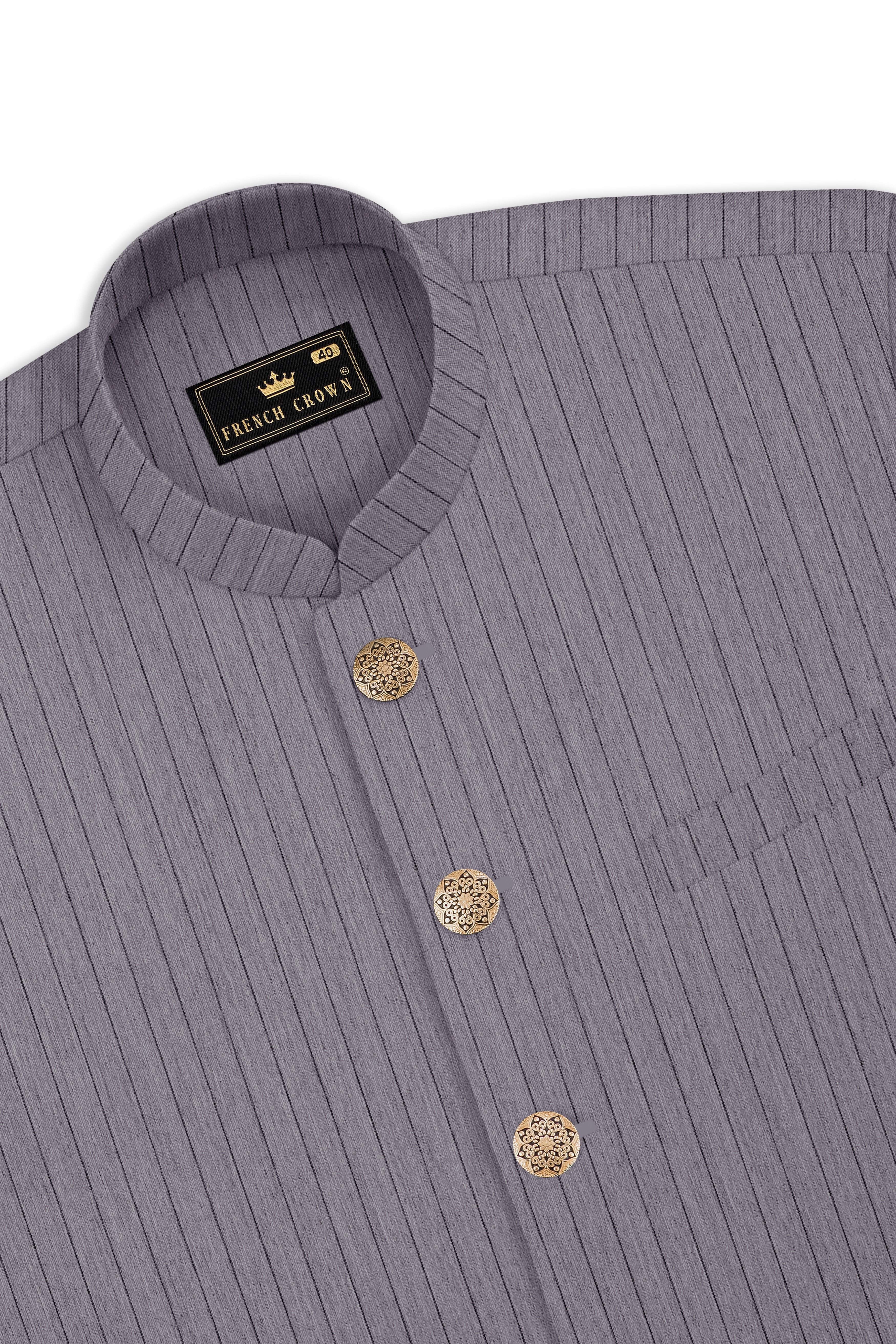Velmoro-Mauve Gray Pin Striped Wool Rich Cross Placket Bandhgala Slight Stretch Suit