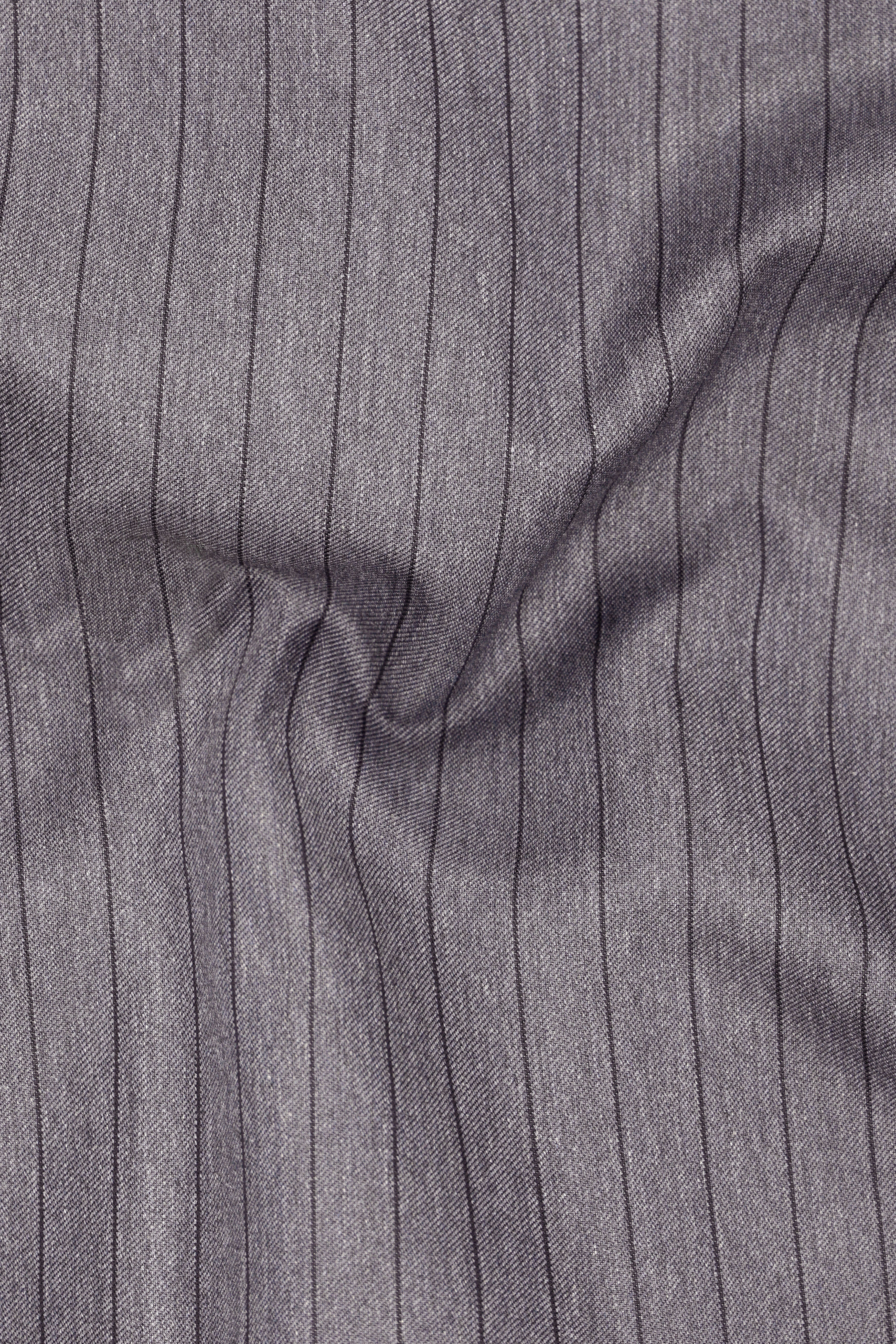 Velmoro-Mauve Gray Pin Striped Wool Rich Cross Placket Bandhgala Slight Stretch Suit
