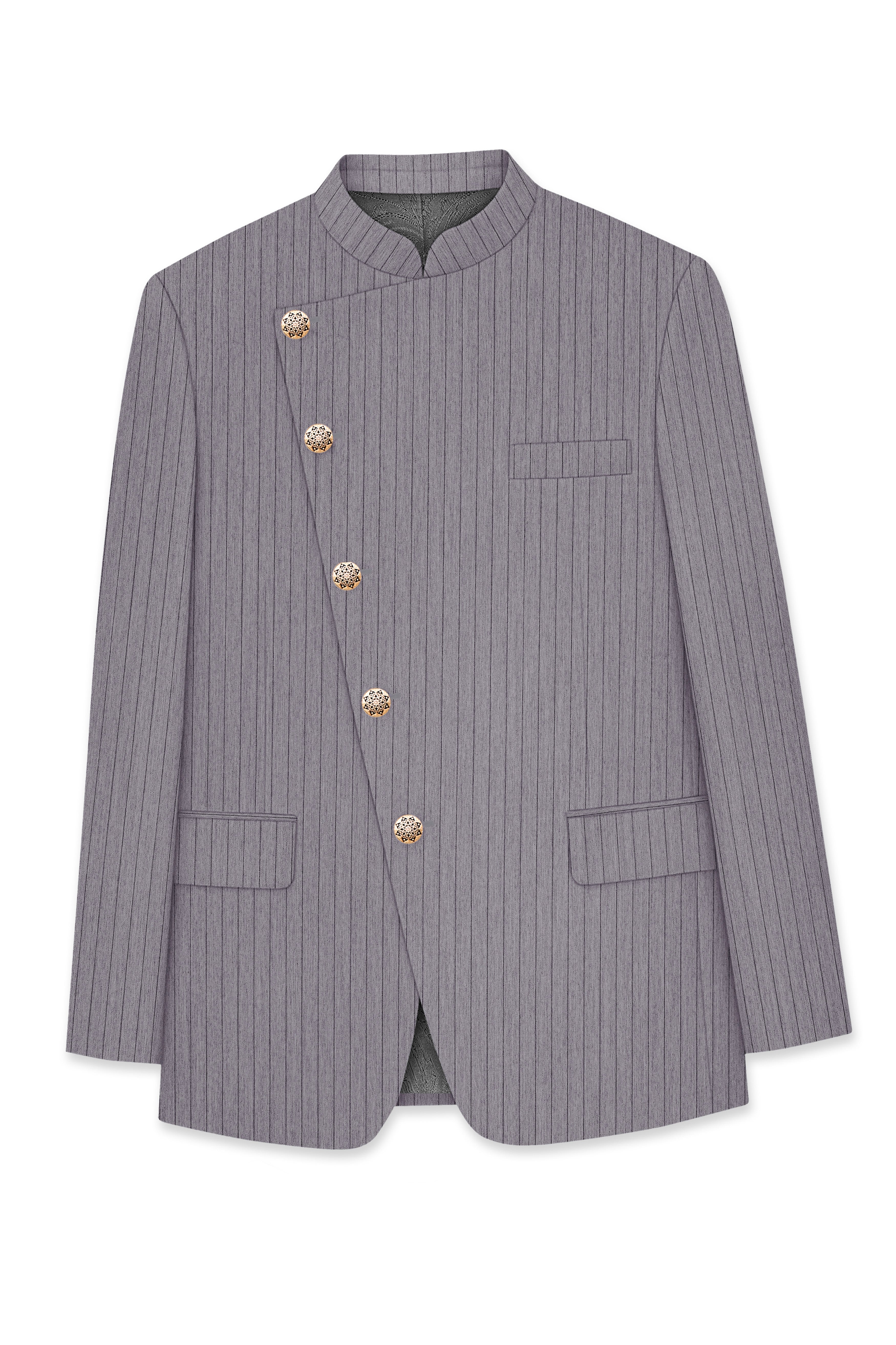 Velmoro-Mauve Gray Pin Striped Wool Rich Cross Placket Bandhgala Slight Stretch Suit