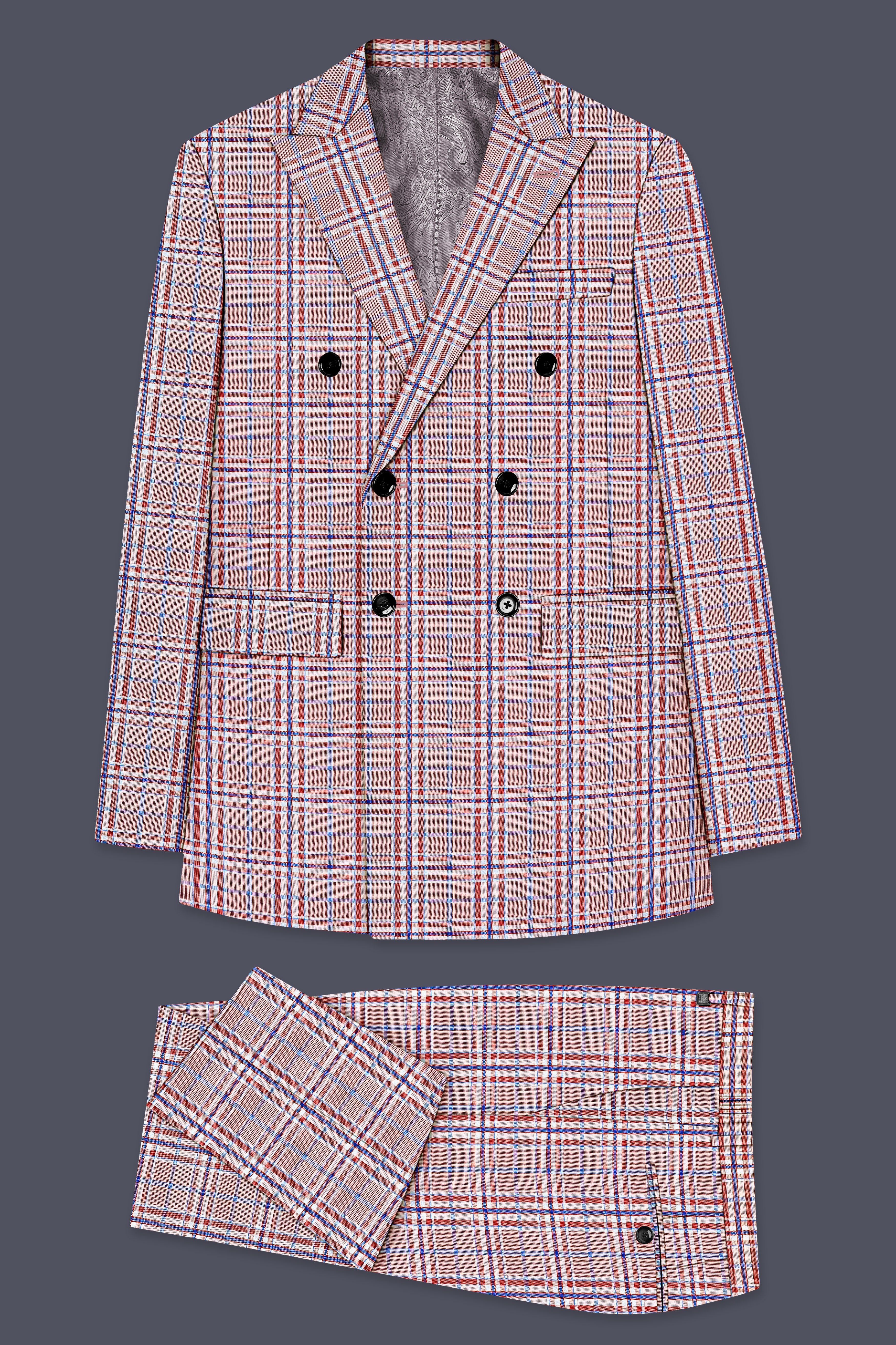 Velour-Turkish Rose Pink And Wild Blue Plaid Wool Rich Double Breasted Suit