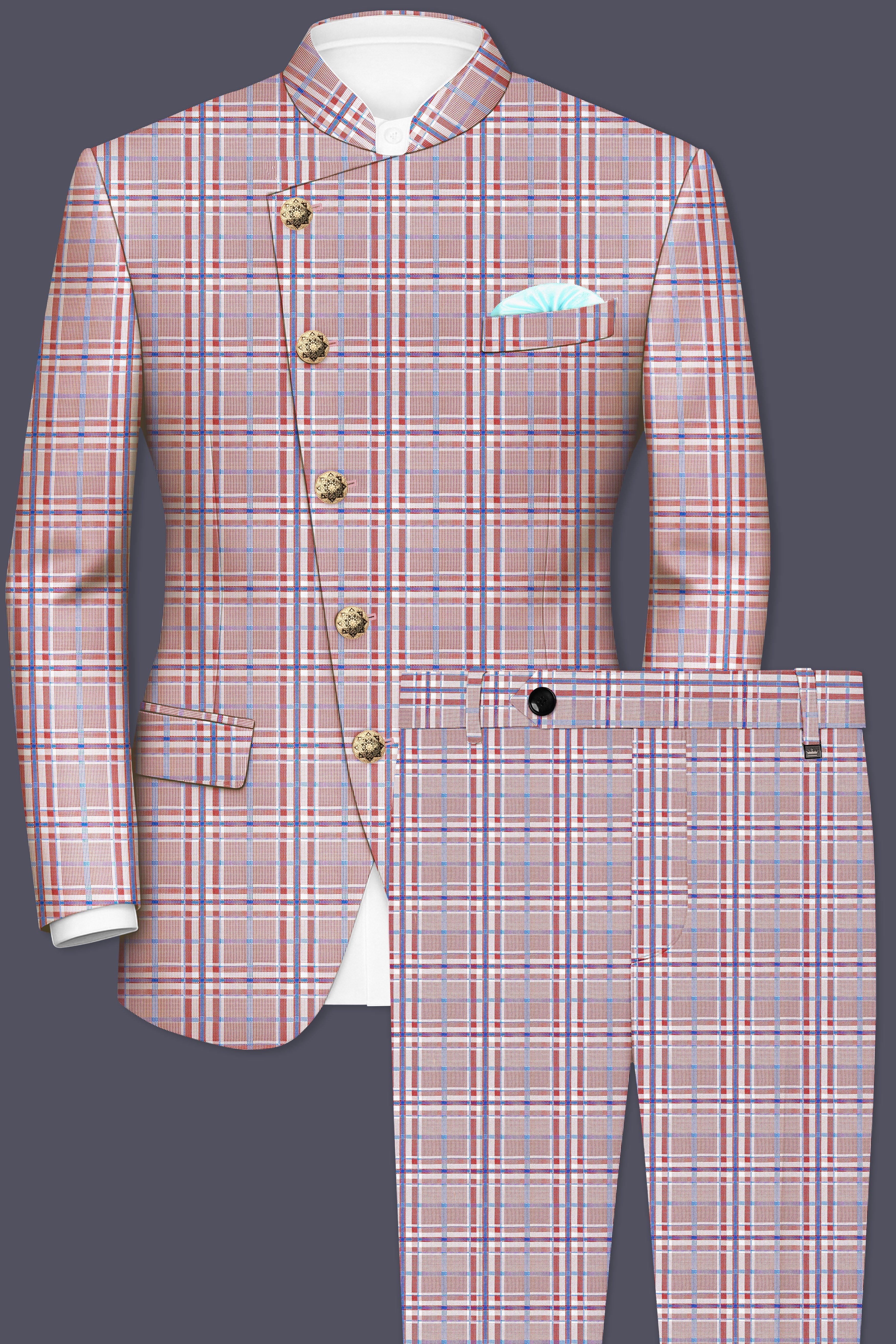 Velour-Turkish Rose Pink And Wild Blue Plaid Wool Rich Cross Placket Bandhgala Suits