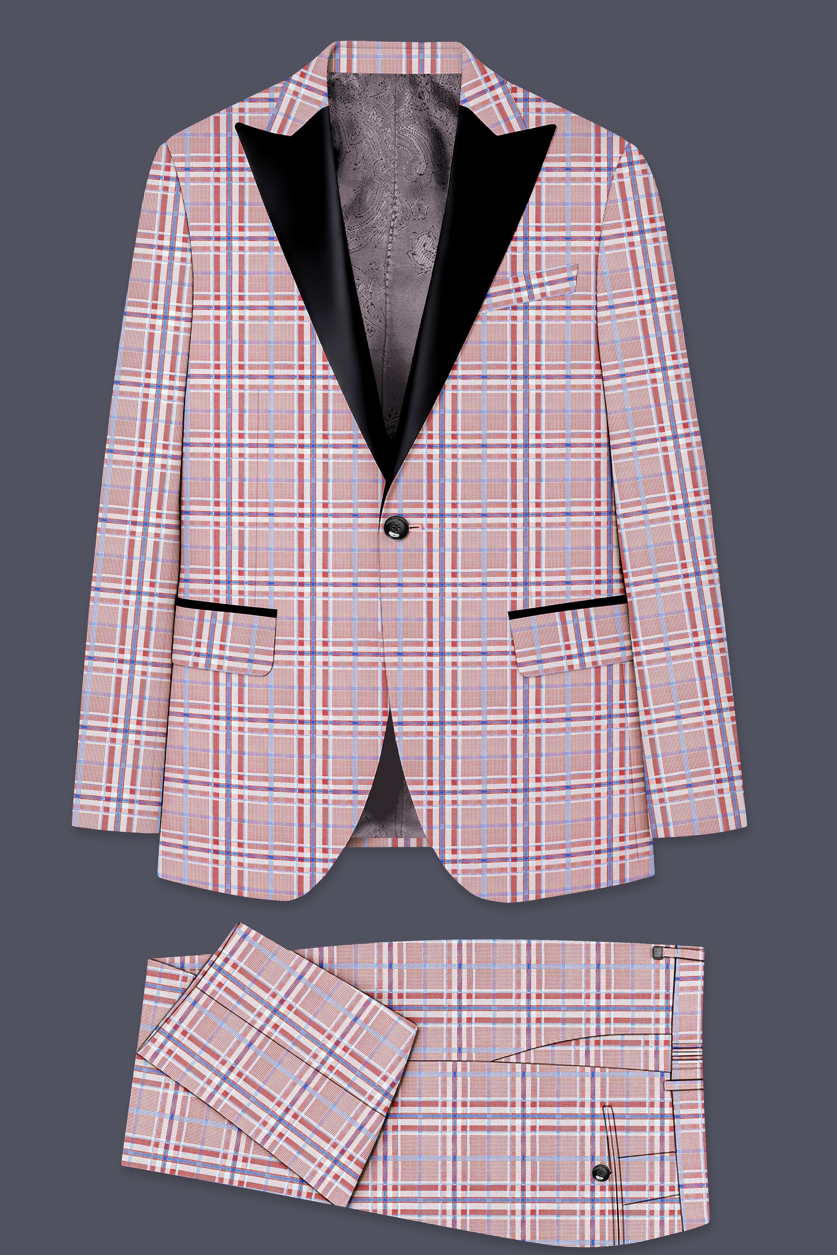 Velour-Turkish Rose Pink And Wild Blue Plaid Wool Rich Peak Lapel Tuxedo Suit