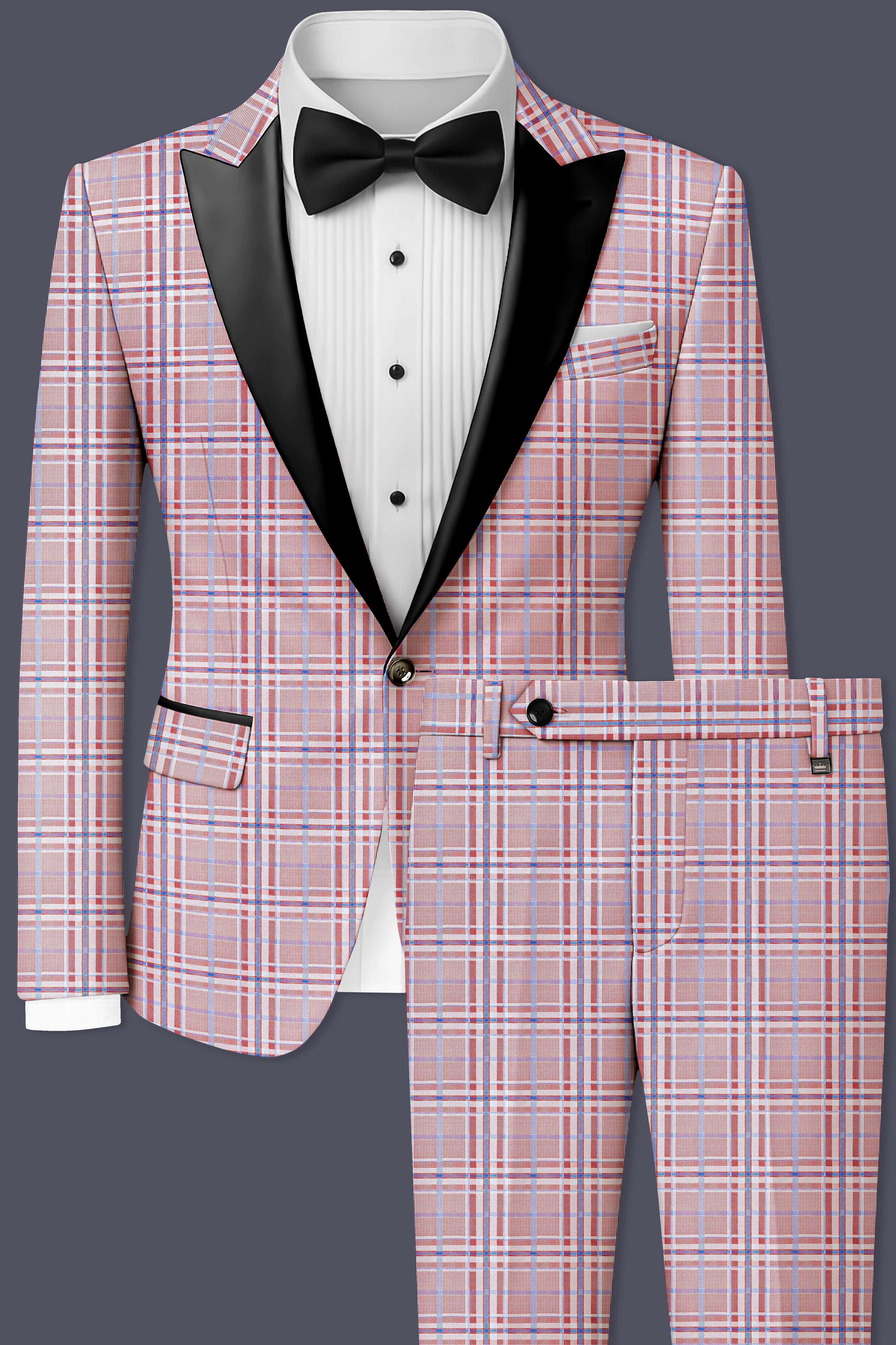 Velour-Turkish Rose Pink And Wild Blue Plaid Wool Rich Peak Lapel Tuxedo Suit