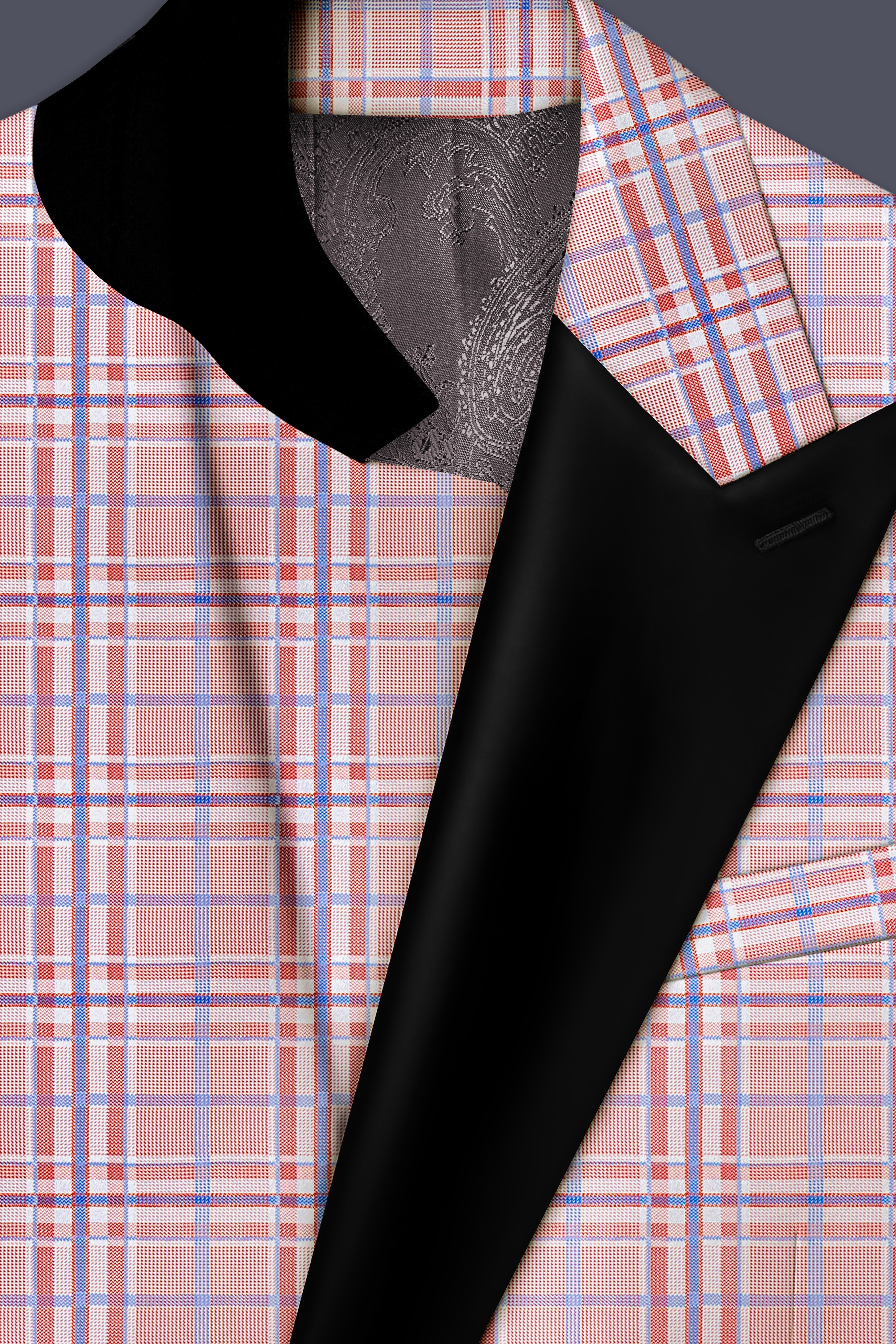 Velour-Turkish Rose Pink And Wild Blue Plaid Wool Rich Peak Lapel Tuxedo Suit