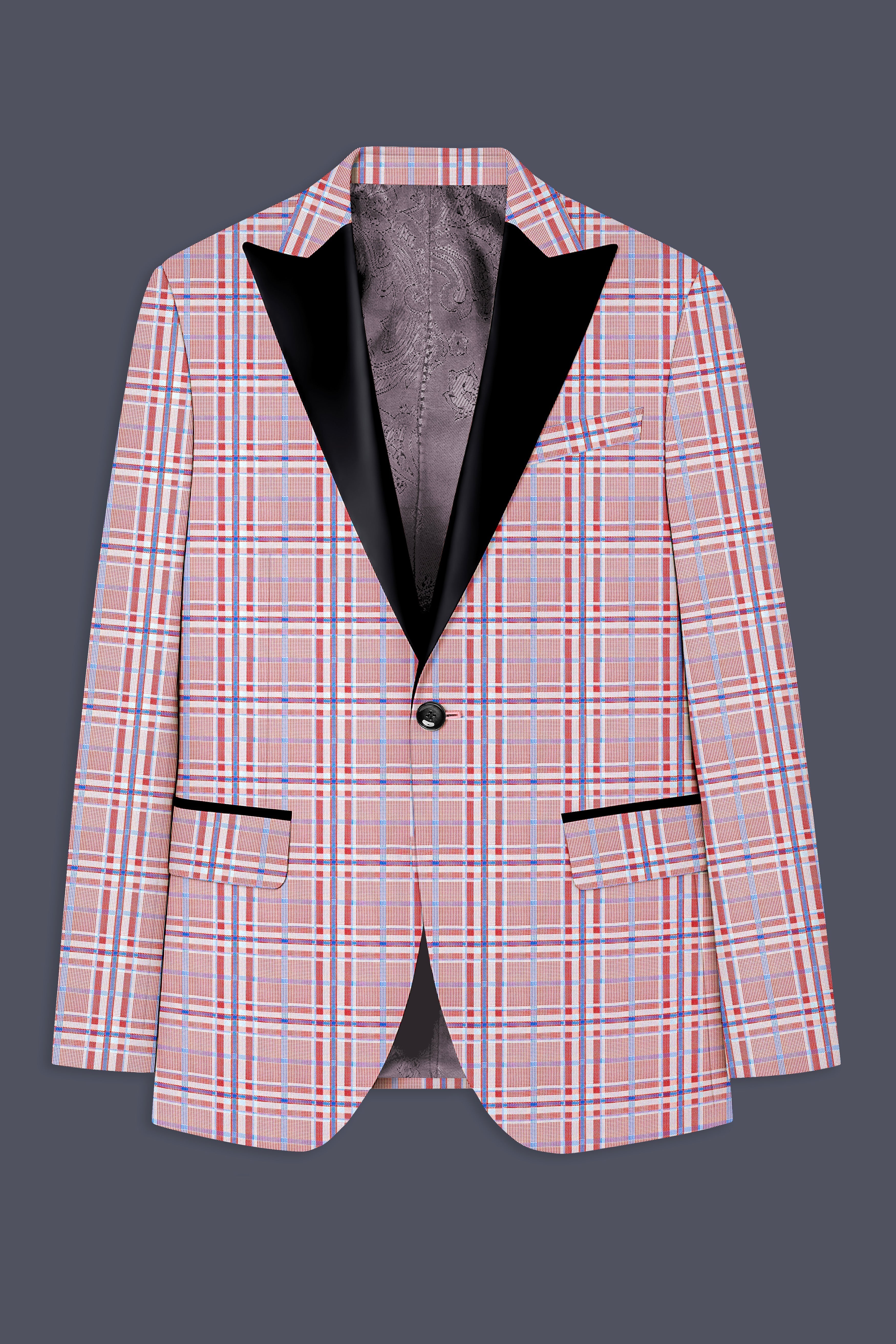 Velour-Turkish Rose Pink And Wild Blue Plaid Wool Rich Peak Lapel Tuxedo Suit