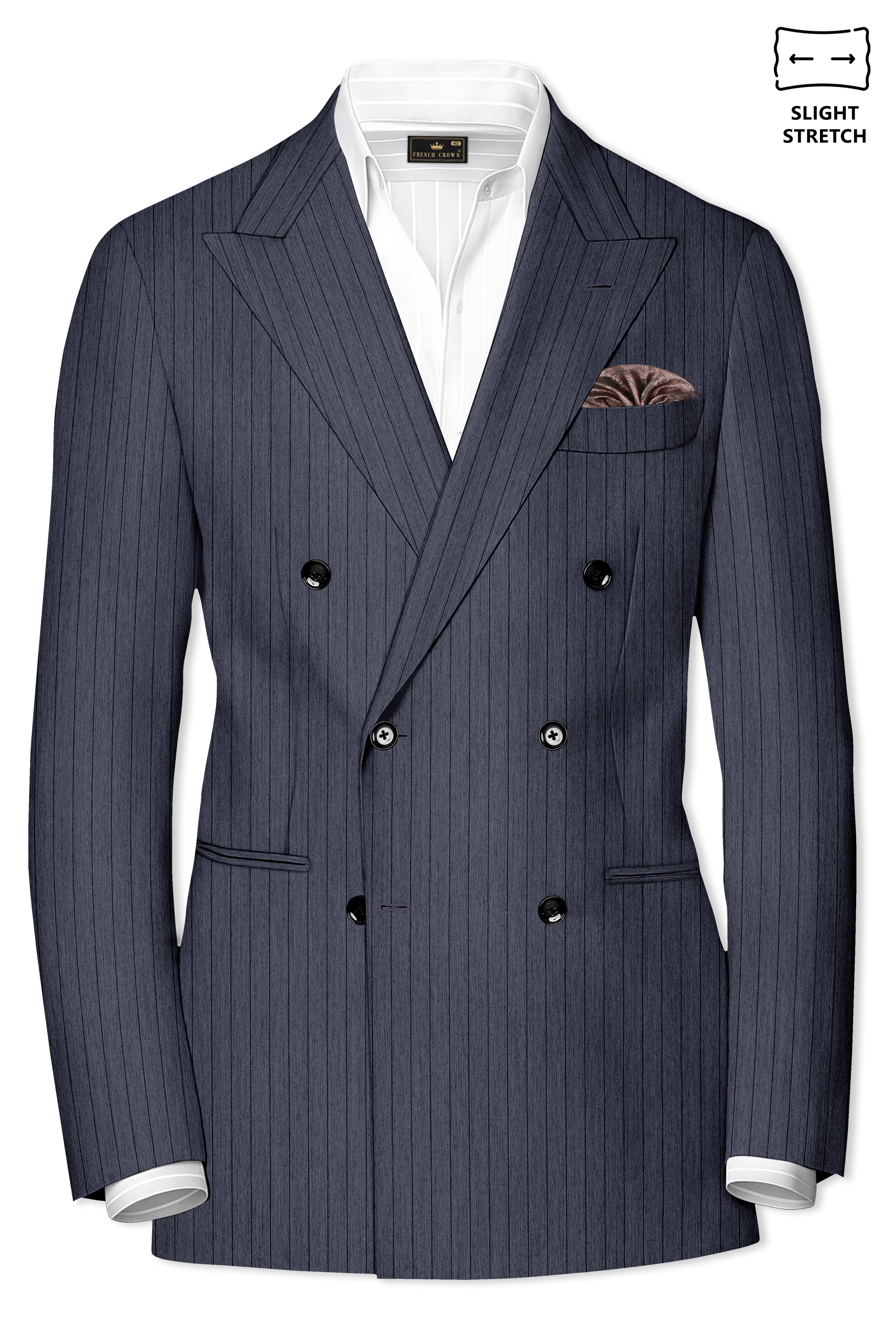 Azurion-Ninja Blue Pin Striped Wool Rich Slight Stretch Double Breasted Suit
