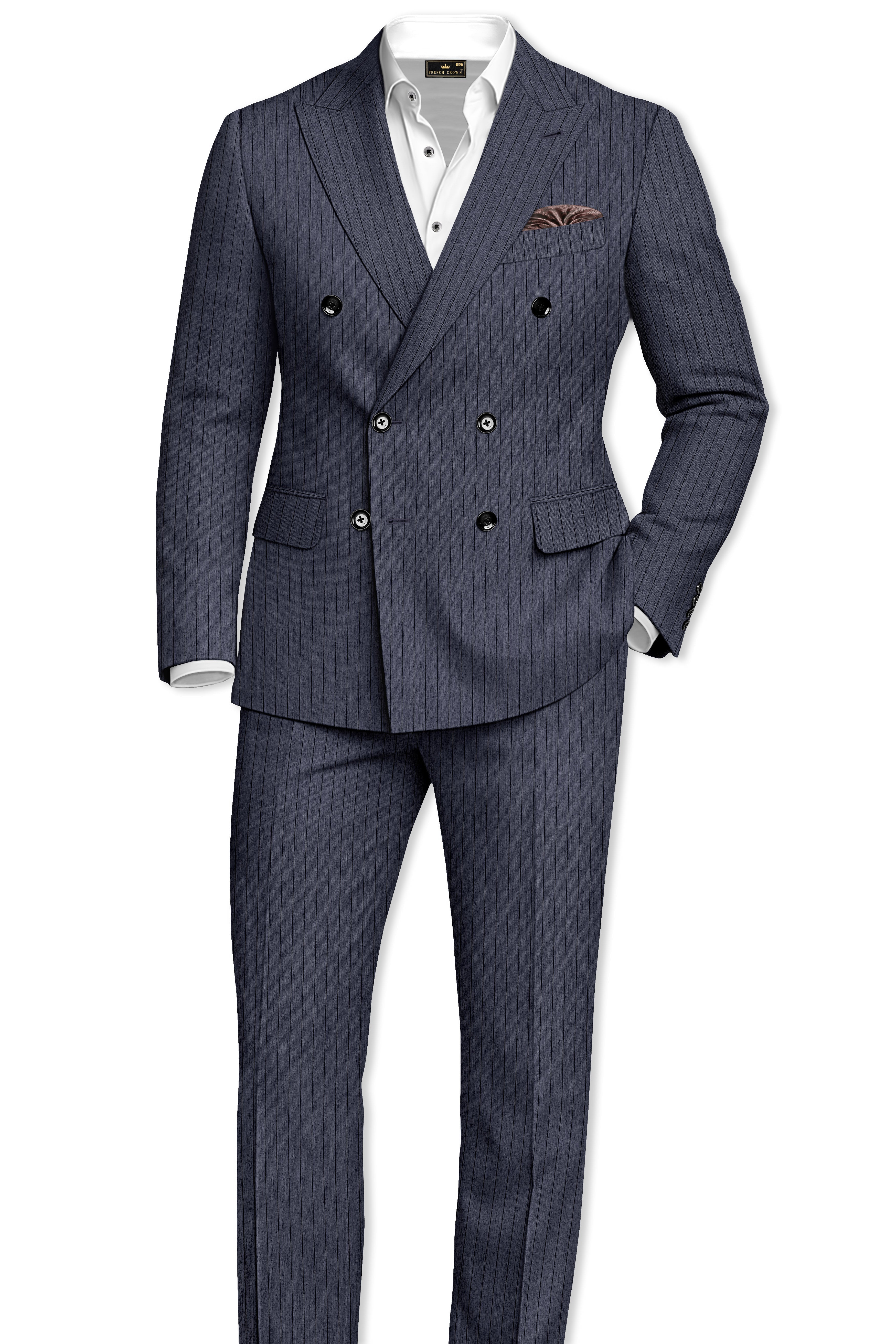 Azurion-Ninja Blue Pin Striped Wool Rich Slight Stretch Double Breasted Suit