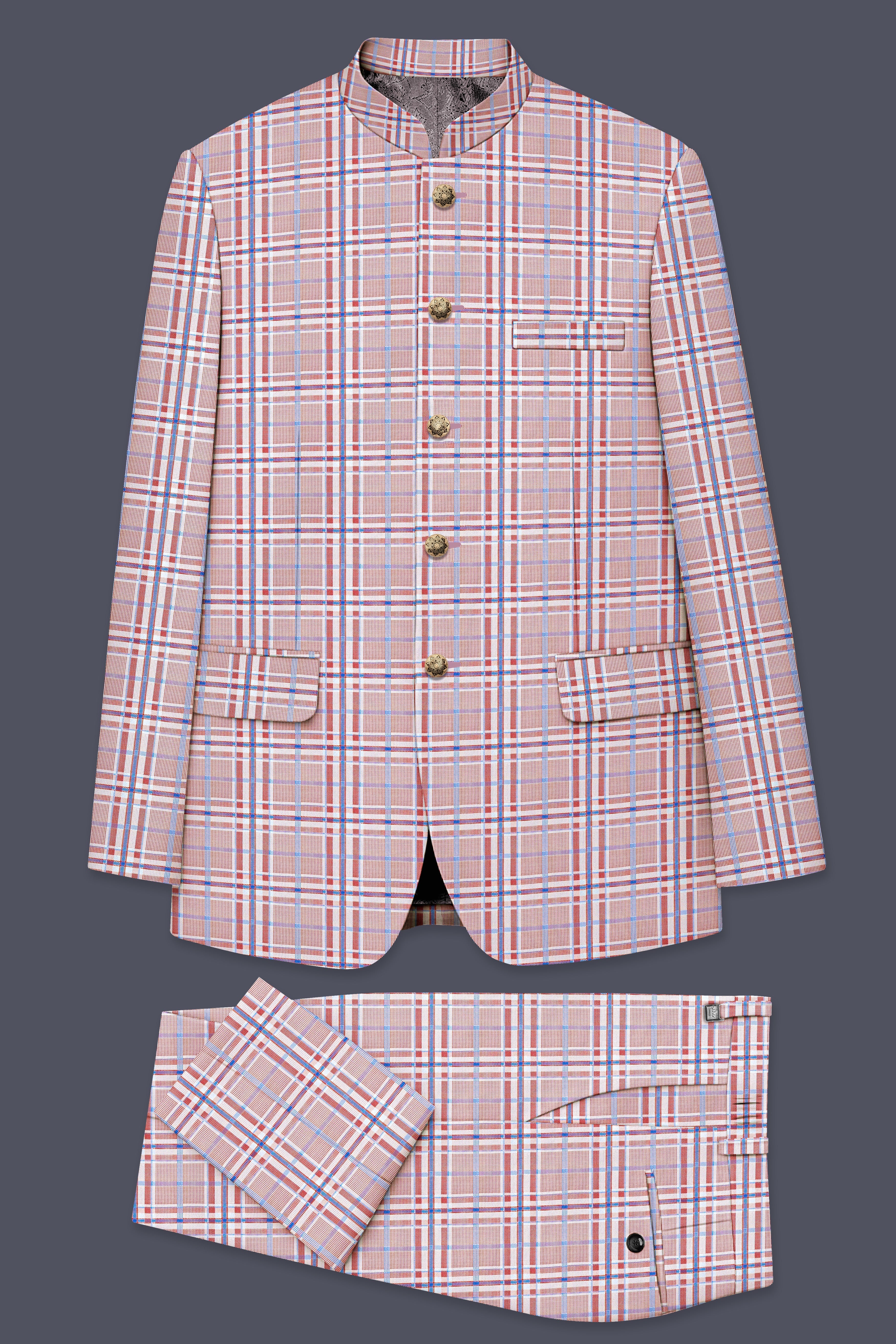 Velour-Turkish Rose Pink And Wild Blue Plaid Wool Rich Bandhgala Suit