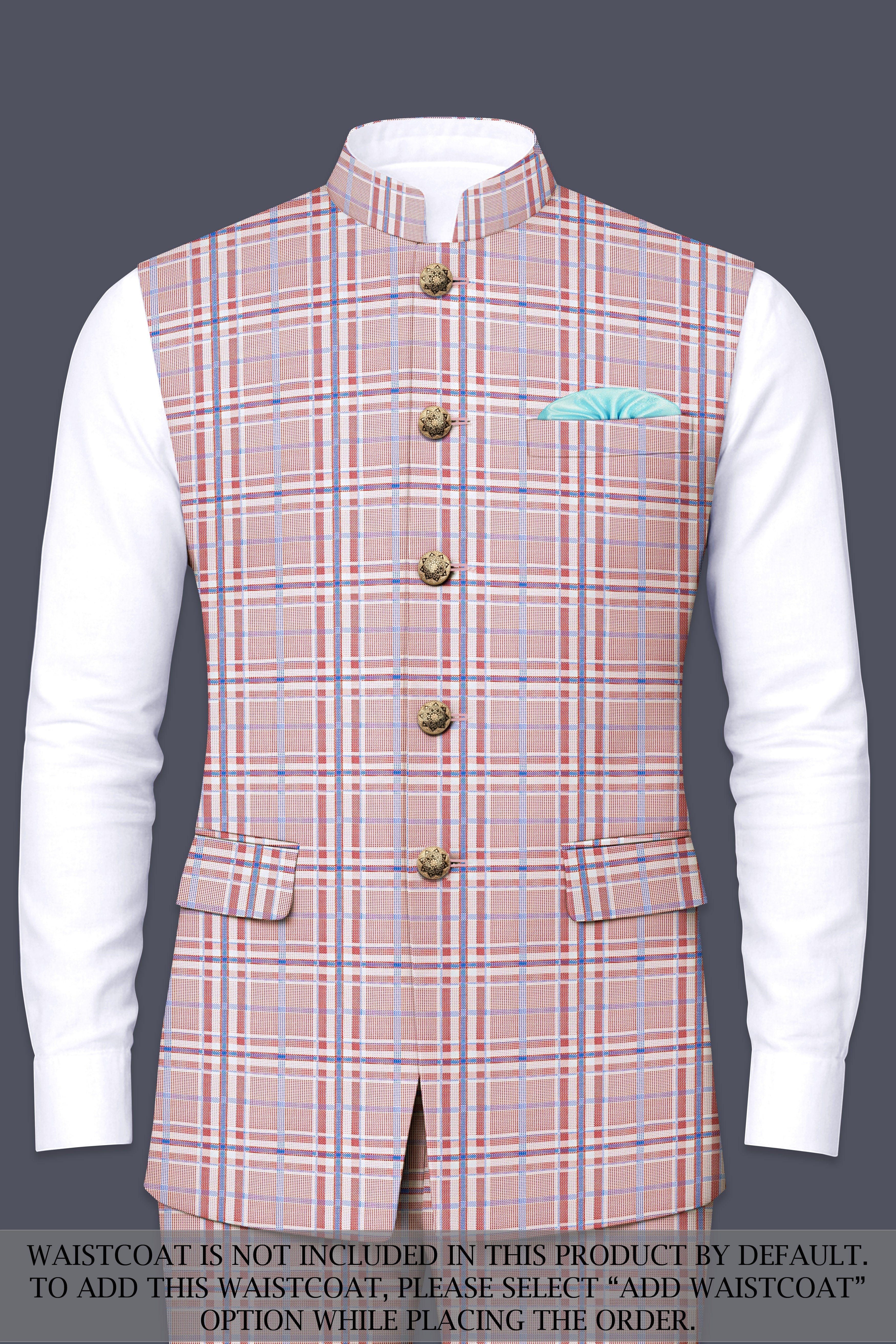 Velour-Turkish Rose Pink And Wild Blue Plaid Wool Rich Bandhgala Suit