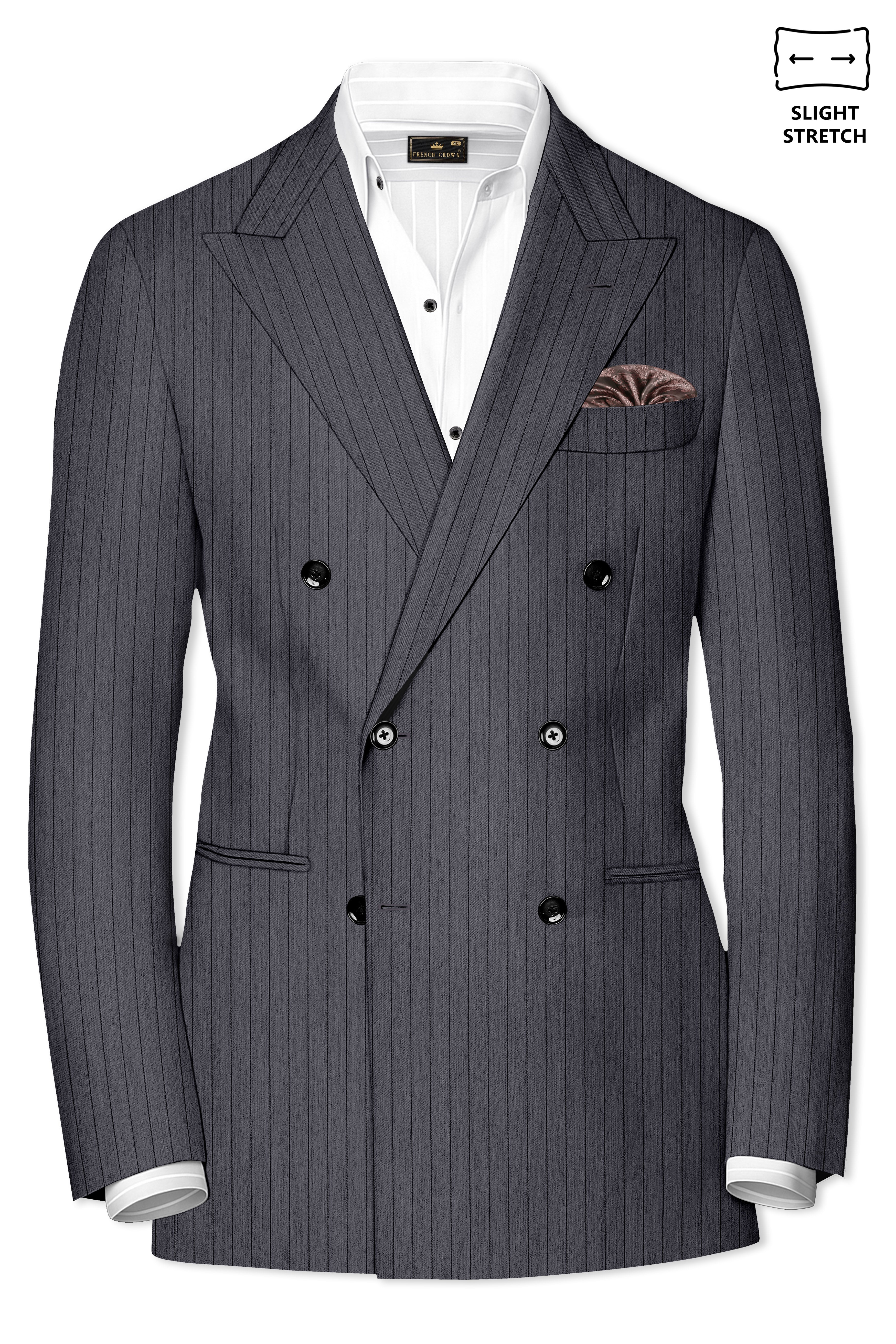 Noctaro-Vampire Gray Pin Striped Wool Rich Slight Stretch Double Breasted Suit
