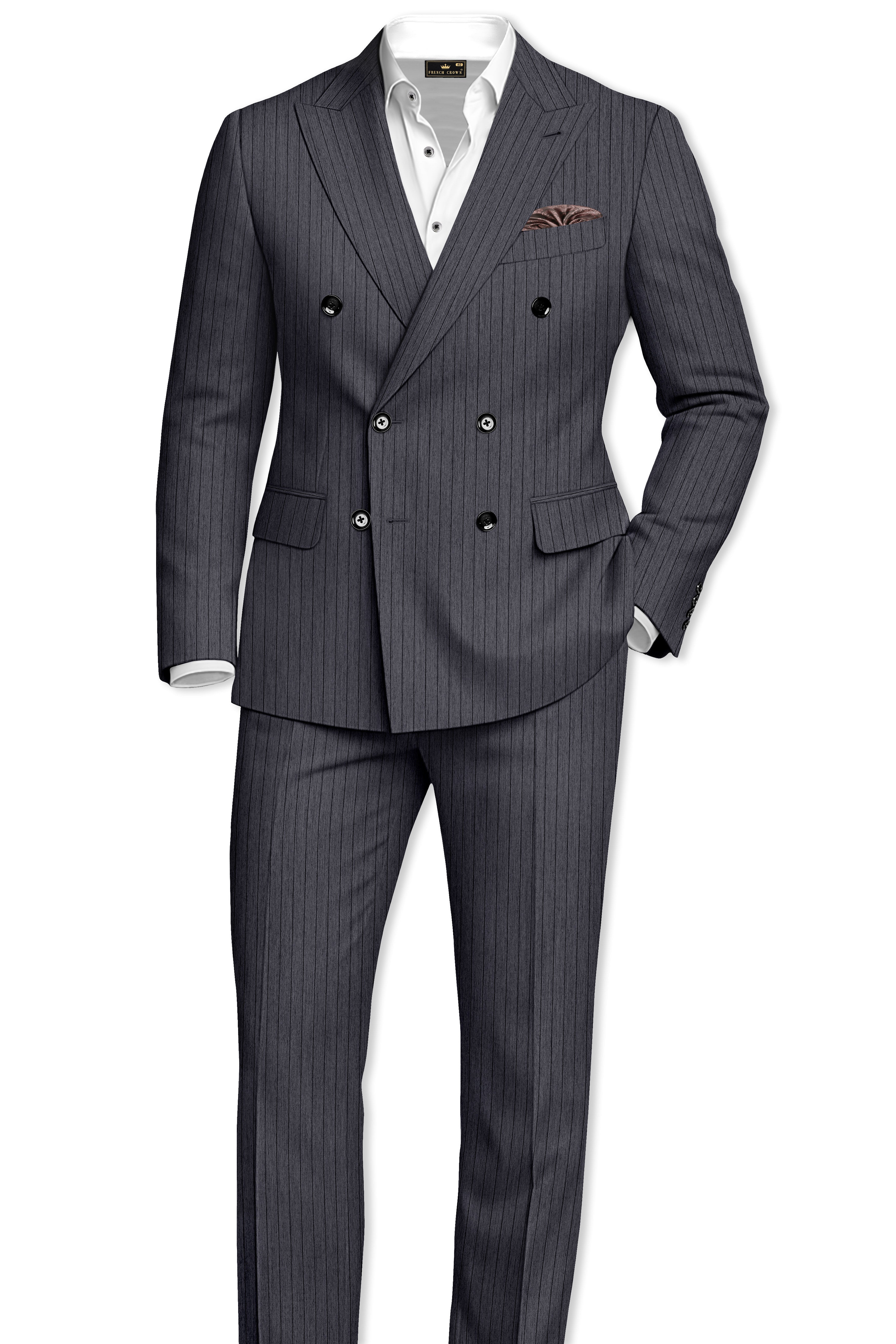 Noctaro-Vampire Gray Pin Striped Wool Rich Slight Stretch Double Breasted Suit