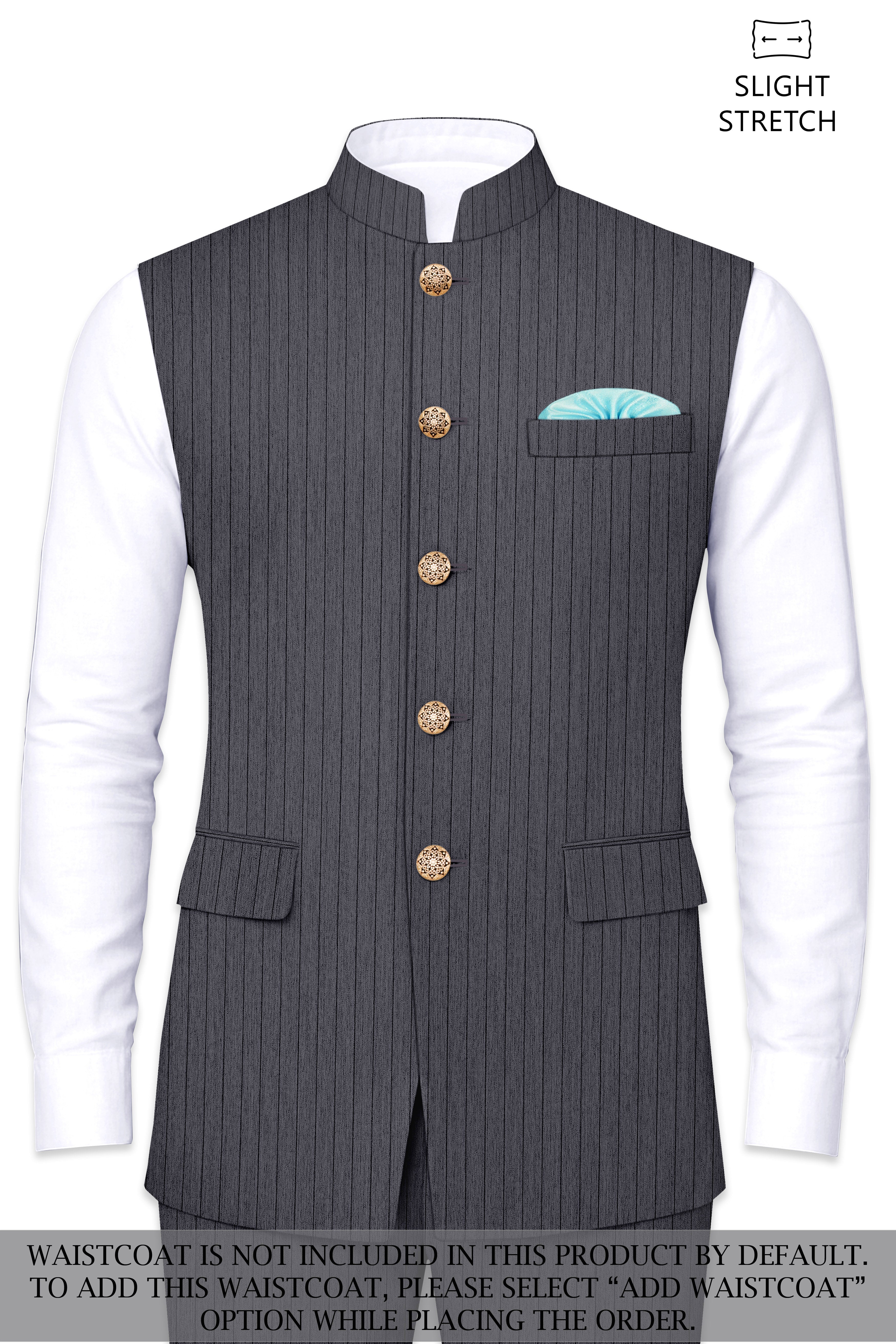 Noctaro-Vampire Gray Pin Striped Wool Rich Slight Stretch Bandhgala Suit