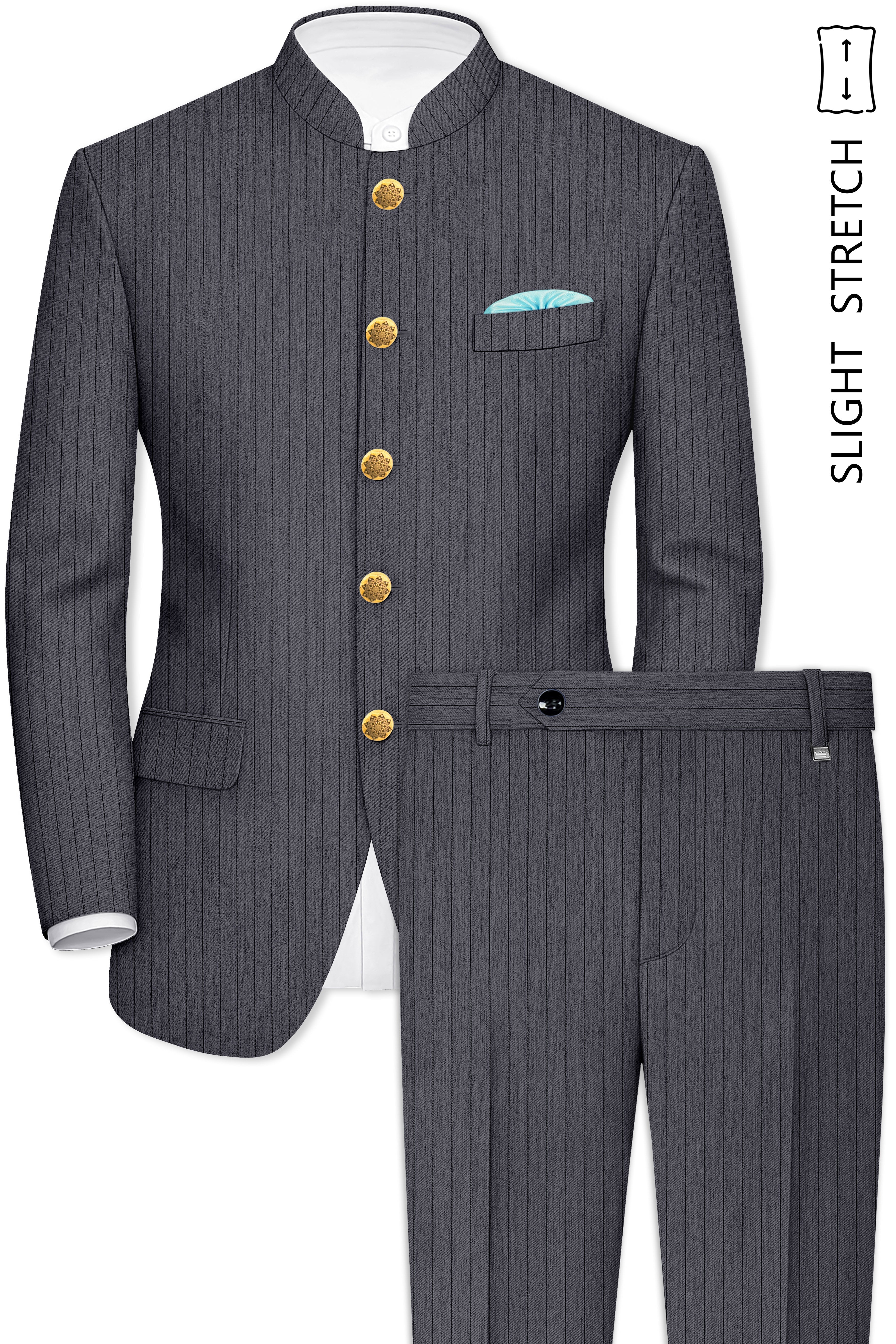 Noctaro-Vampire Gray Pin Striped Wool Rich Slight Stretch Bandhgala Suit