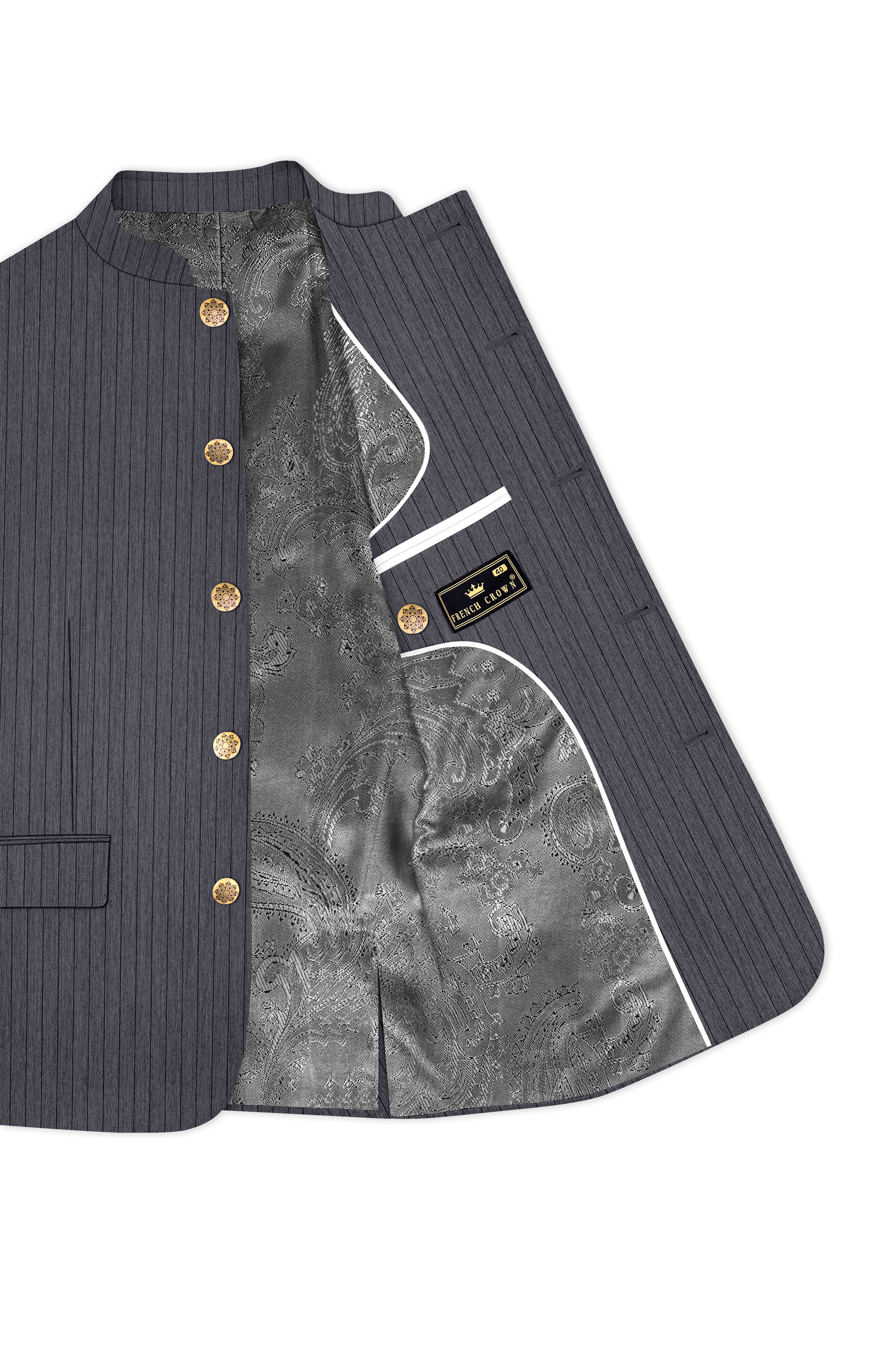 Noctaro-Vampire Gray Pin Striped Wool Rich Slight Stretch Bandhgala Suit