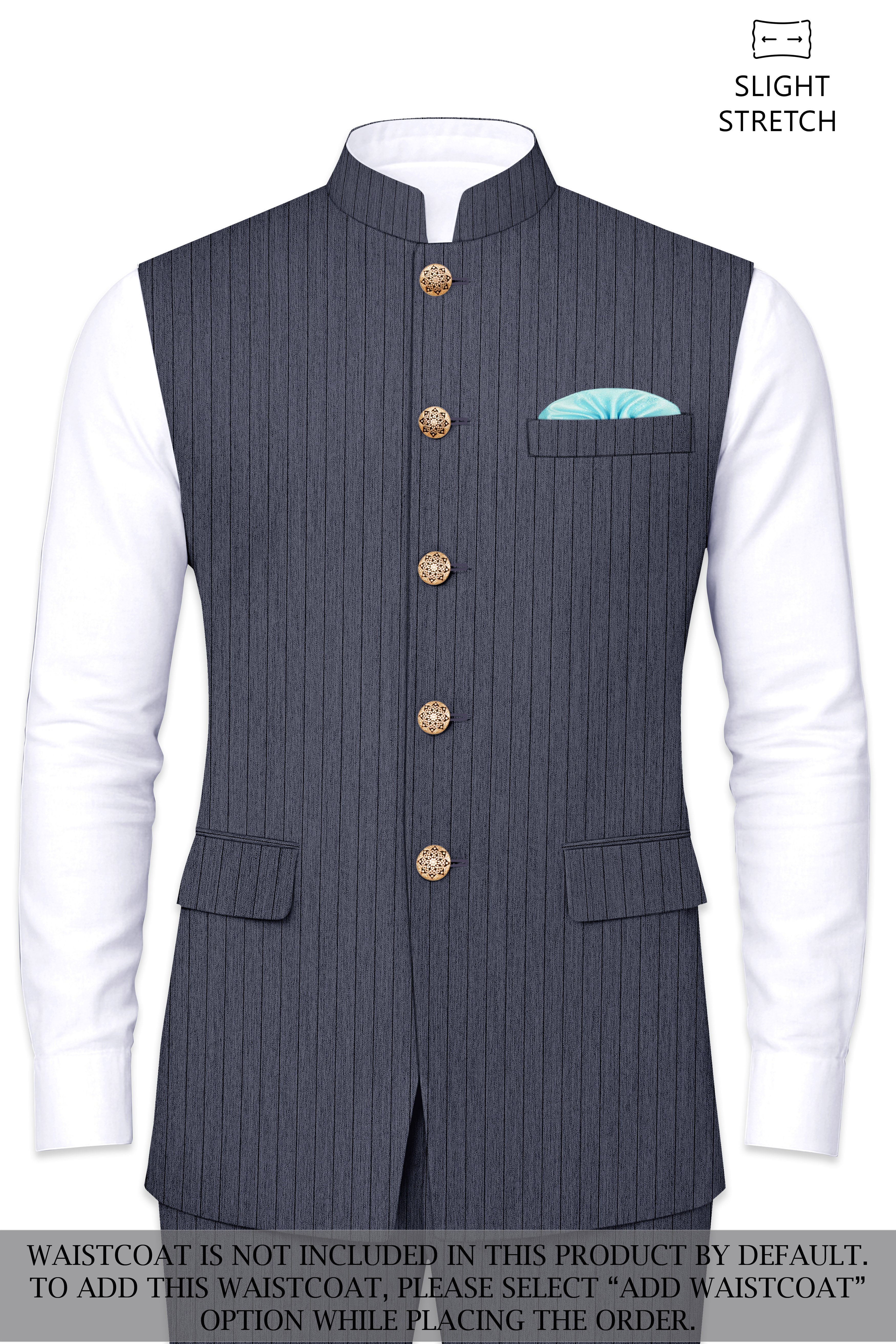 Azurion-Ninja Blue Pin Striped Wool Rich Cross Placket Bandhgala Slight Stretch Suit