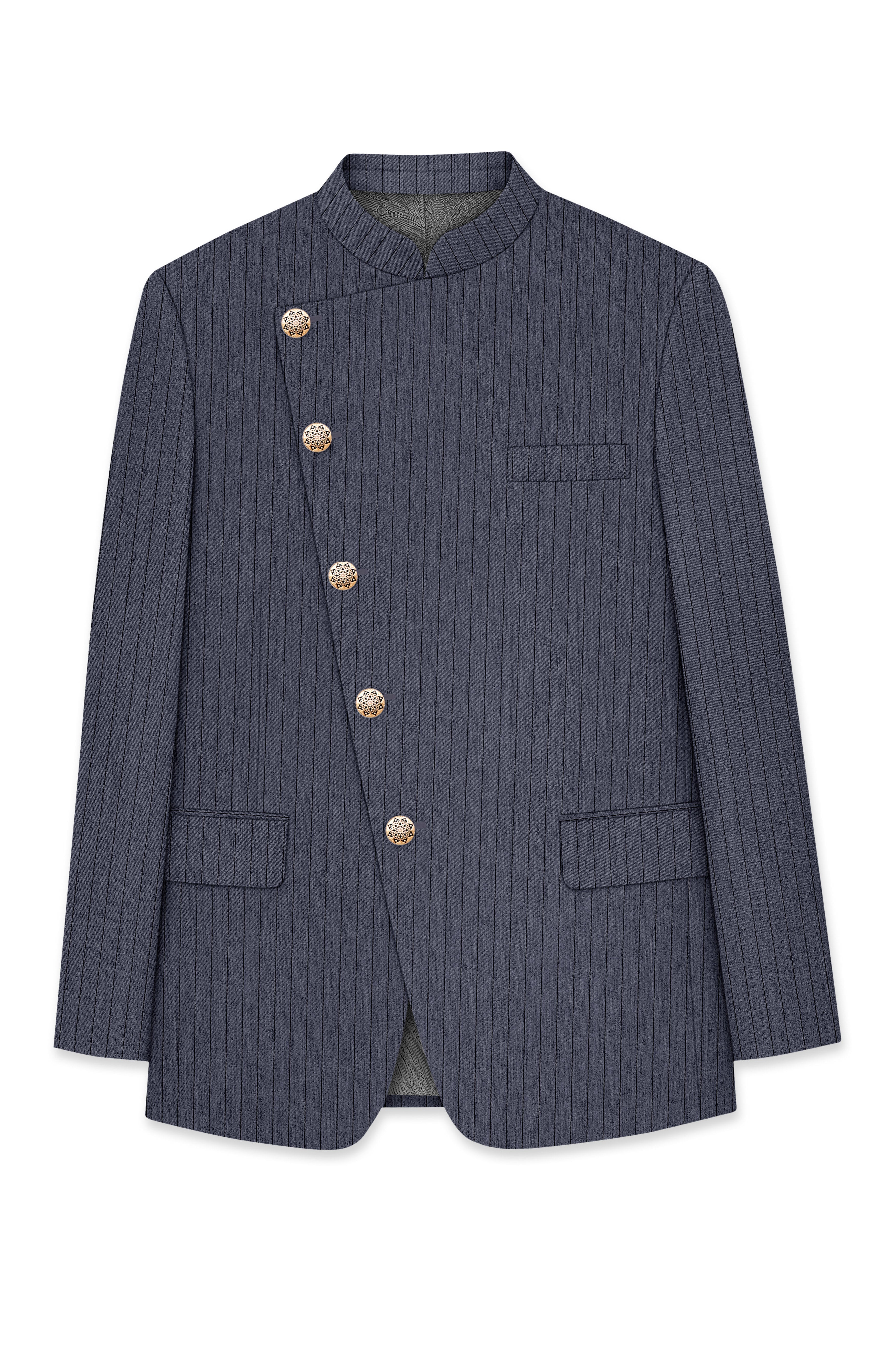 Azurion-Ninja Blue Pin Striped Wool Rich Cross Placket Bandhgala Slight Stretch Suit