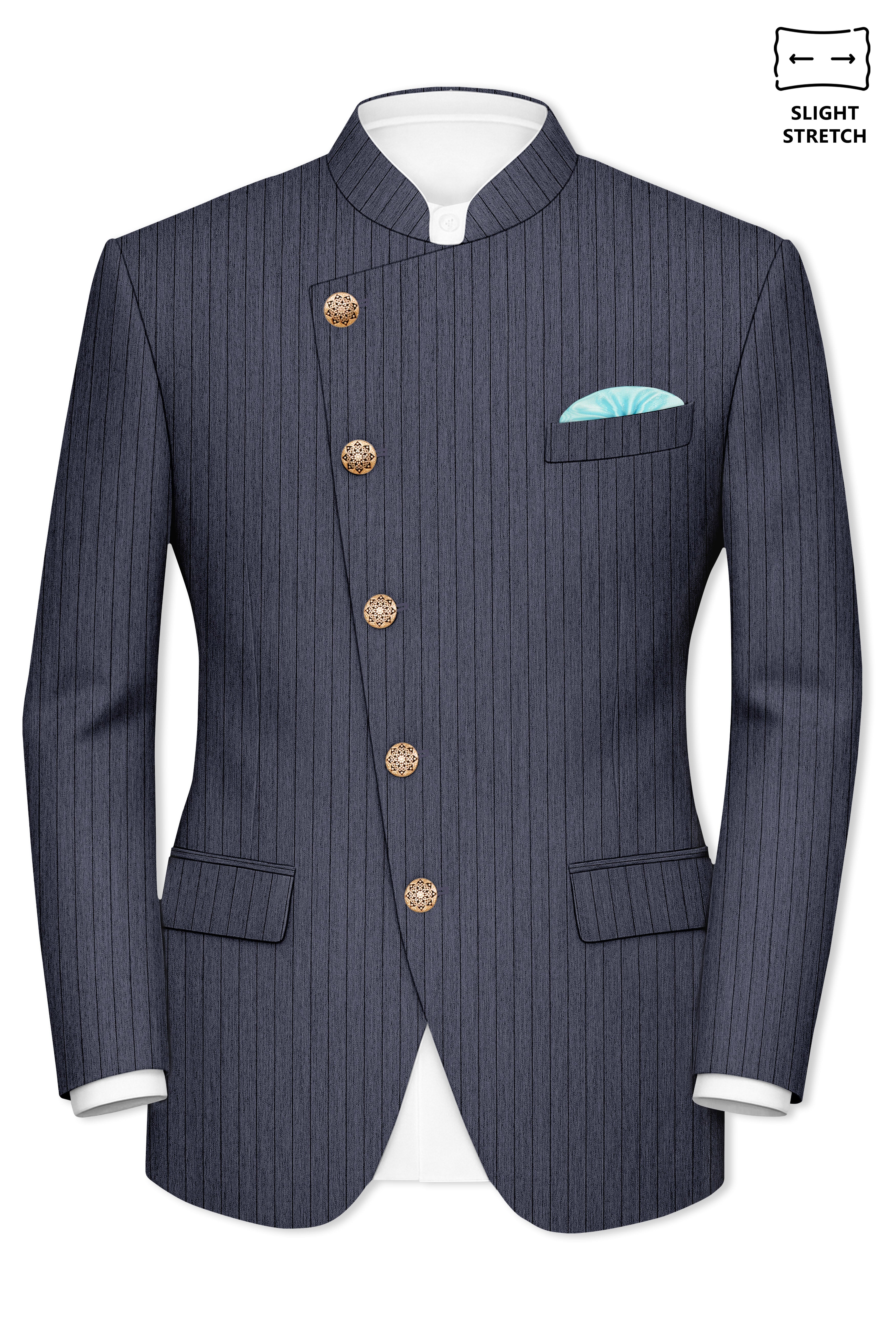 Azurion-Ninja Blue Pin Striped Wool Rich Cross Placket Bandhgala Slight Stretch Suit