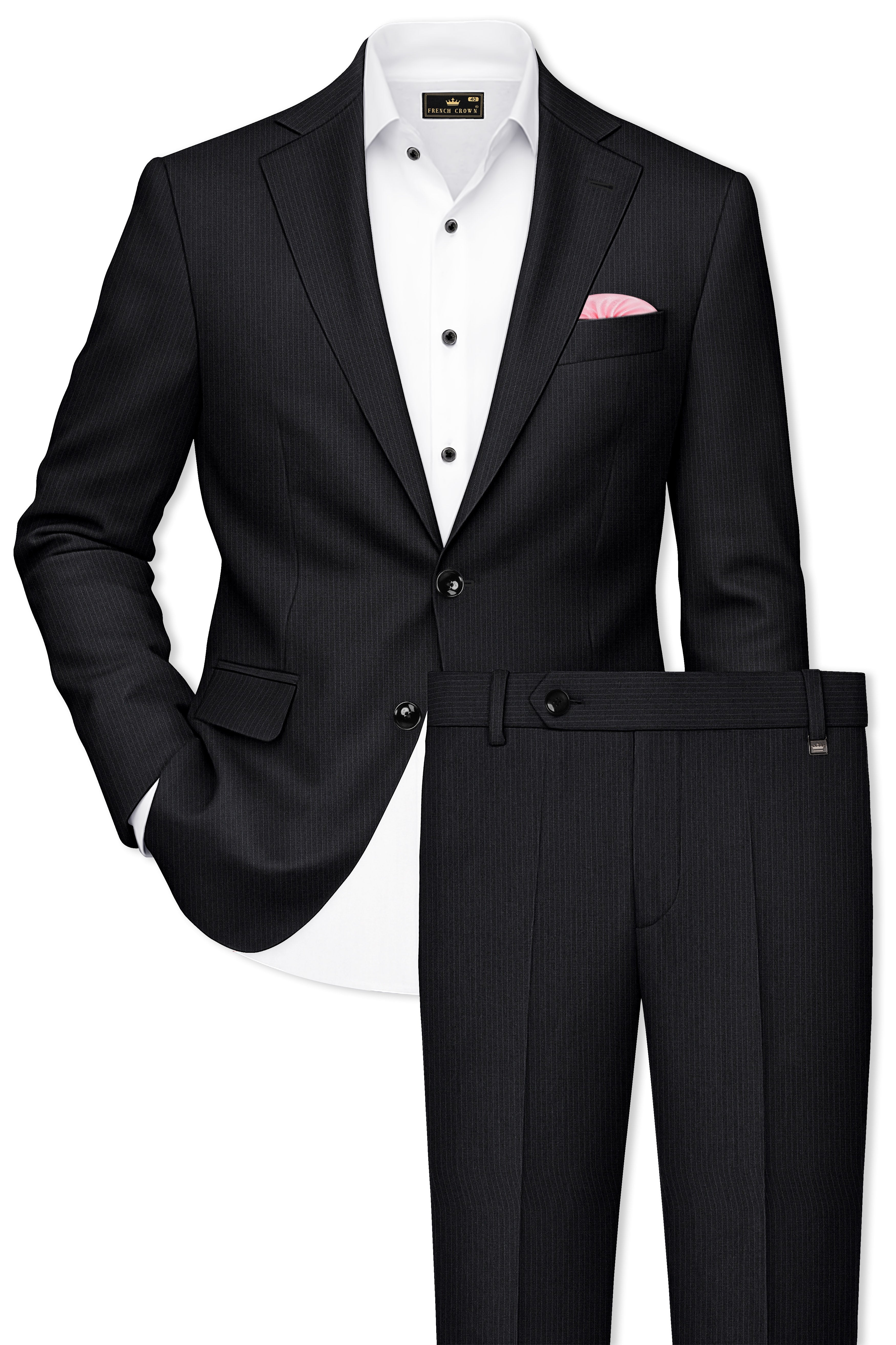 Noir-Jade Black Pencil Striped Wool Rich Slight Stretch Single Breasted Suit