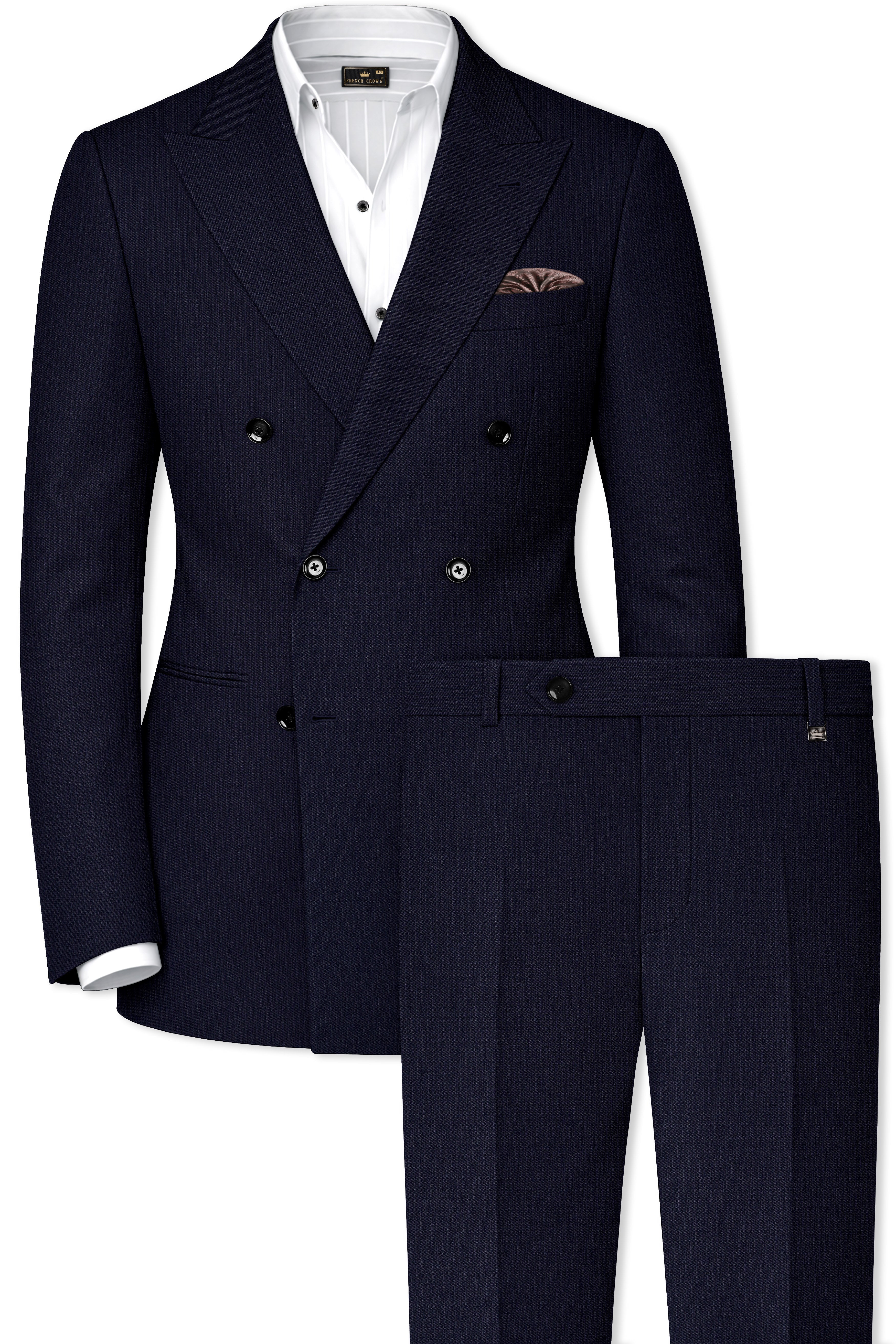 Elion-Bunker Blue Pencil Striped Wool Rich Slight Stretch Double Breasted Suit