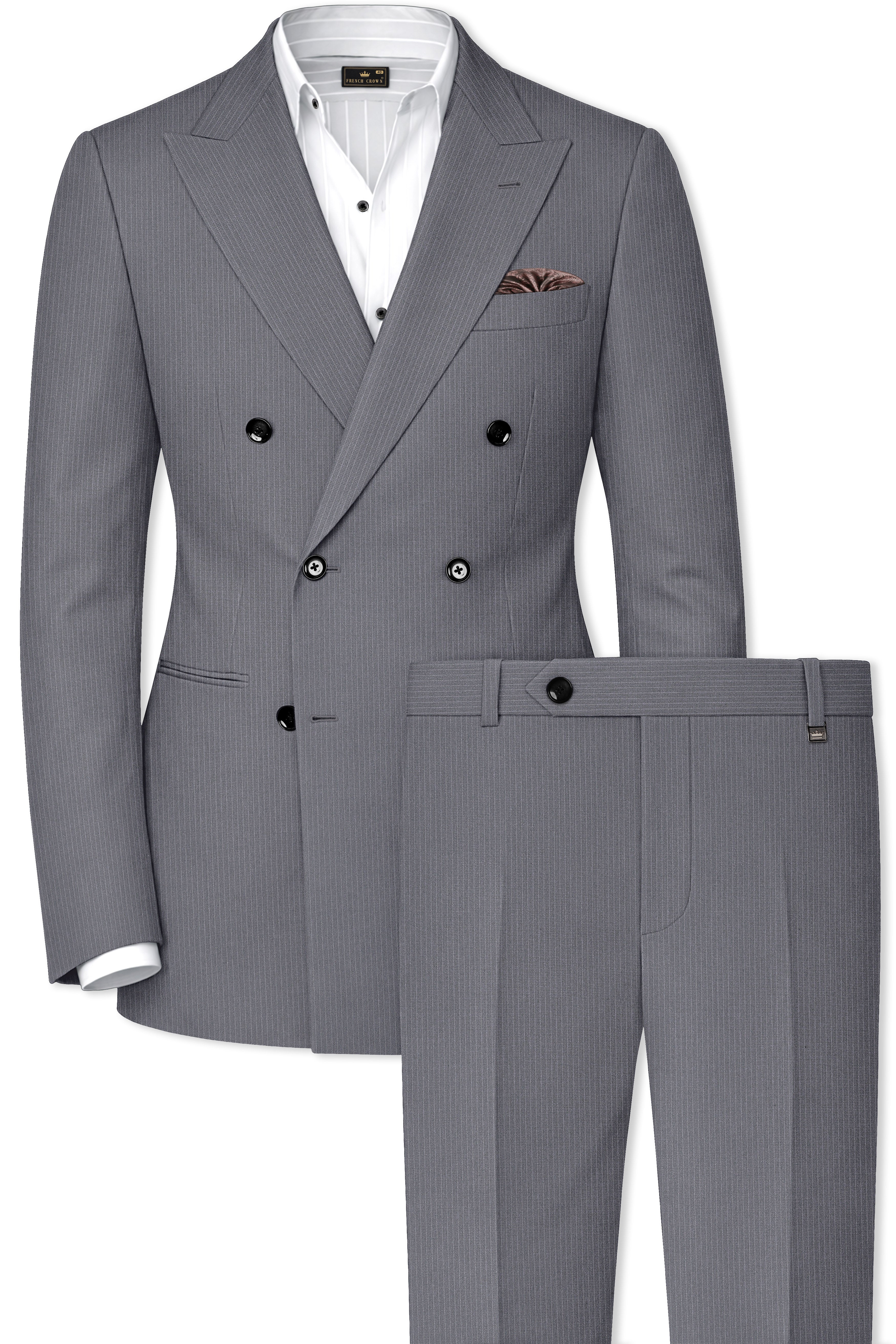 Apex-Ironside Gray Pencil Striped Wool Rich Slight Stretch Double Breasted Suit